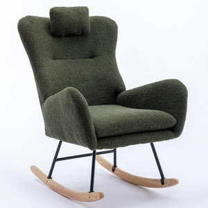 35.5 Inch Rocking Chair, Soft Teddy Velvet Fabric Rocking Chair For Nursery, Comfy Wingback Glider Rocker With Safe Solid Wood Base For Living Room Bedroom Balcony (Dark Green) LamCham