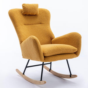 35.5 Inch Rocking Chair, Soft Teddy Velvet Fabric Rocking Chair For Nursery, Comfy Wingback Glider Rocker With Safe Solid Wood Base For Living Room Bedroom Balcony (TURMERIC) LamCham