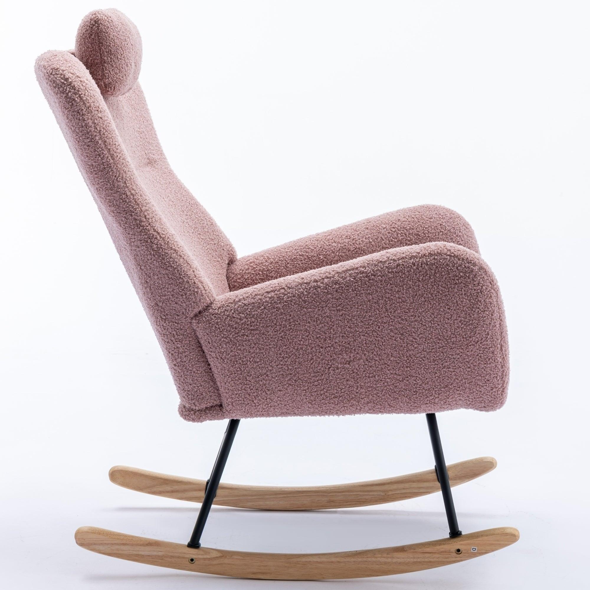 35.5 Inch Rocking Chair, Soft Teddy Velvet Fabric Rocking Chair For Nursery, Comfy Wingback Glider Rocker With Safe Solid Wood Base For Living Room Bedroom Balcony (Pink) LamCham