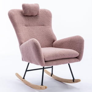 35.5 Inch Rocking Chair, Soft Teddy Velvet Fabric Rocking Chair For Nursery, Comfy Wingback Glider Rocker With Safe Solid Wood Base For Living Room Bedroom Balcony (Pink) LamCham