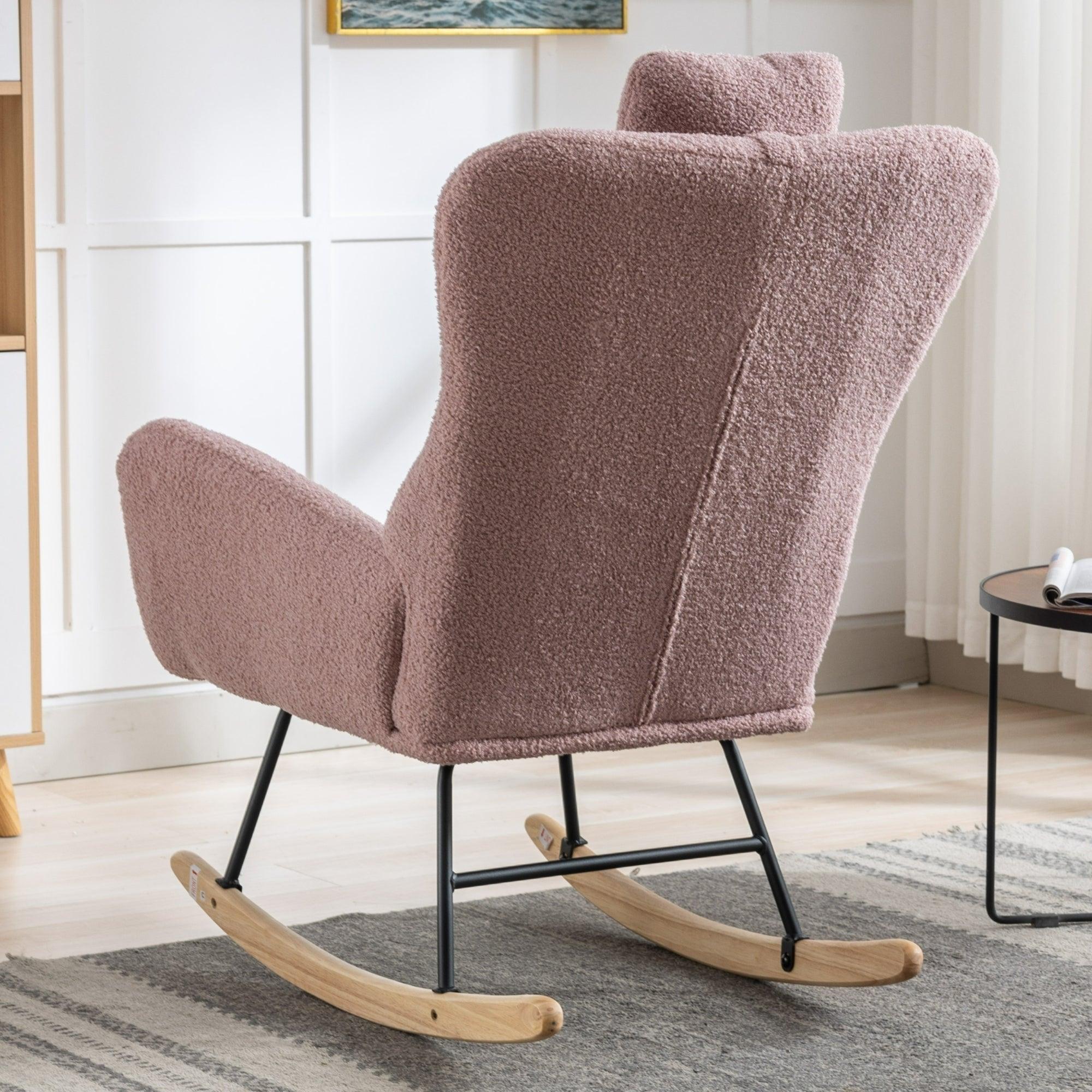 35.5 Inch Rocking Chair, Soft Teddy Velvet Fabric Rocking Chair For Nursery, Comfy Wingback Glider Rocker With Safe Solid Wood Base For Living Room Bedroom Balcony (Pink) LamCham