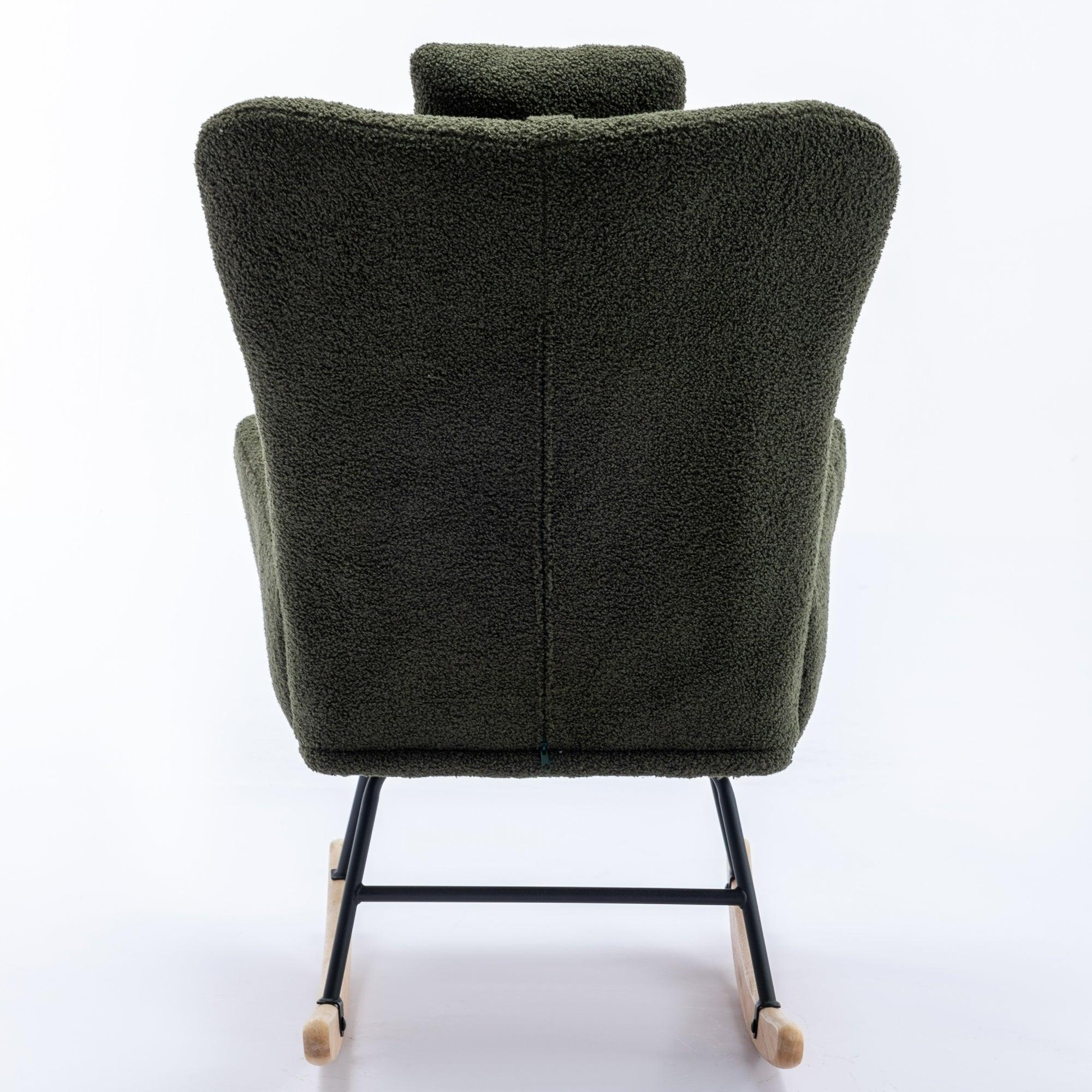 35.5 Inch Rocking Chair, Soft Teddy Velvet Fabric Rocking Chair For Nursery, Comfy Wingback Glider Rocker With Safe Solid Wood Base For Living Room Bedroom Balcony (Dark Green) LamCham