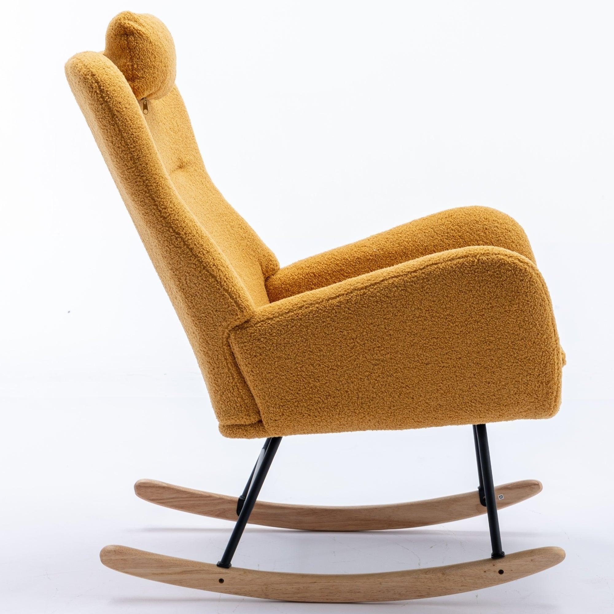 35.5 Inch Rocking Chair, Soft Teddy Velvet Fabric Rocking Chair For Nursery, Comfy Wingback Glider Rocker With Safe Solid Wood Base For Living Room Bedroom Balcony (TURMERIC) LamCham