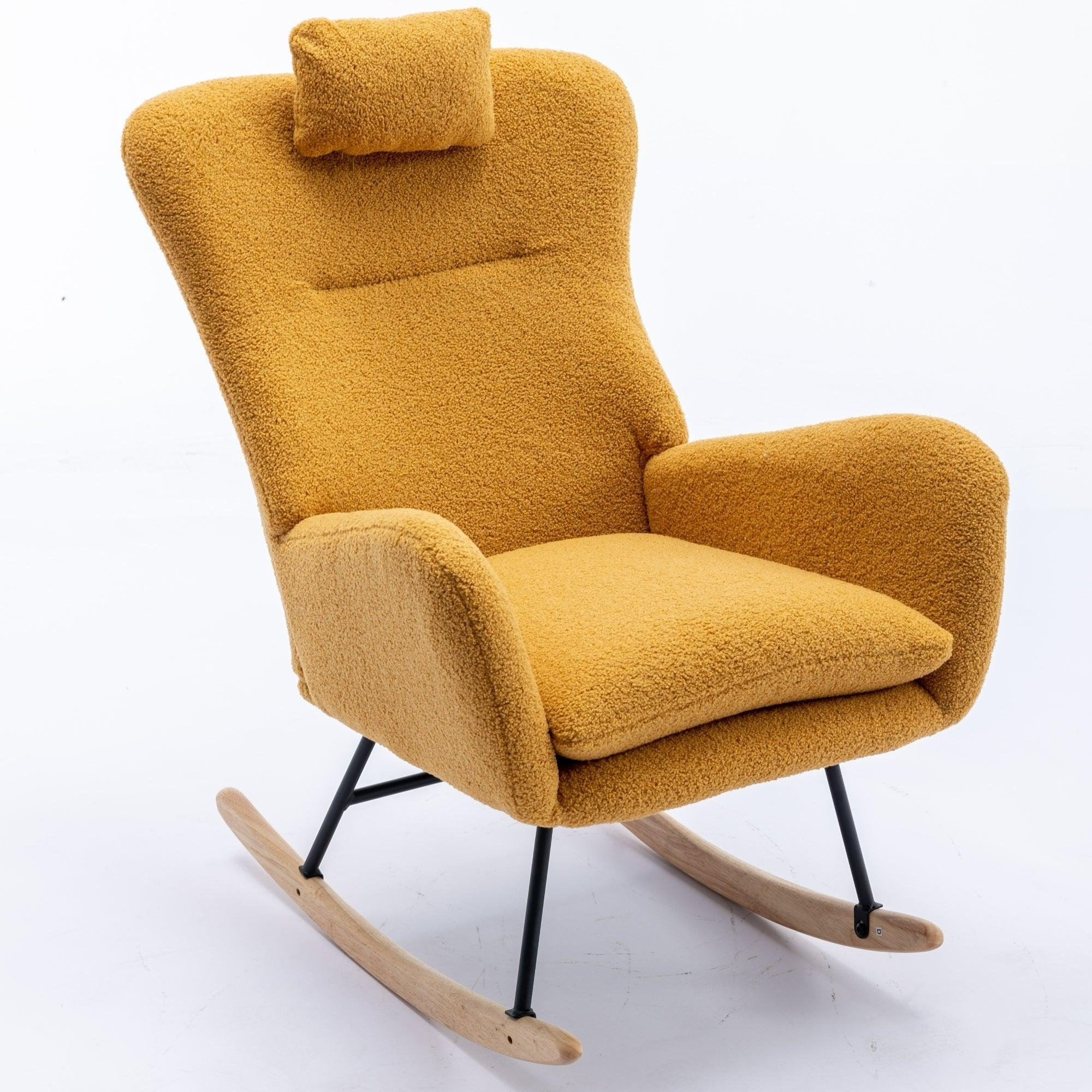 35.5 Inch Rocking Chair, Soft Teddy Velvet Fabric Rocking Chair For Nursery, Comfy Wingback Glider Rocker With Safe Solid Wood Base For Living Room Bedroom Balcony (TURMERIC) LamCham