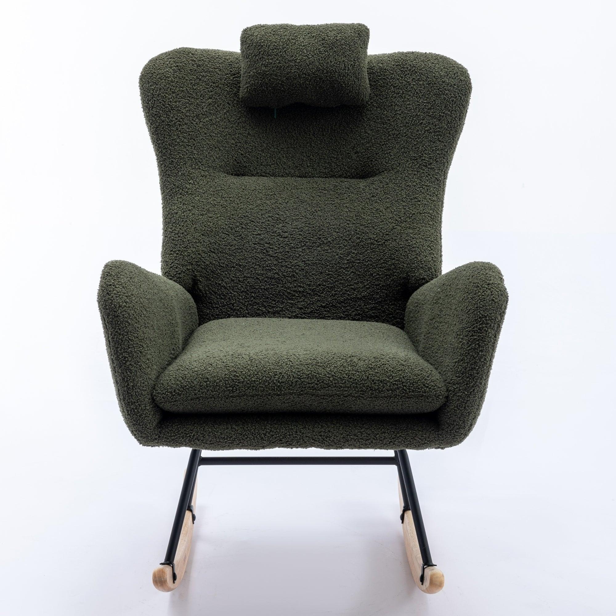 35.5 Inch Rocking Chair, Soft Teddy Velvet Fabric Rocking Chair For Nursery, Comfy Wingback Glider Rocker With Safe Solid Wood Base For Living Room Bedroom Balcony (Dark Green) LamCham