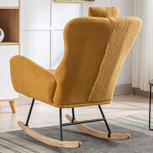 35.5 Inch Rocking Chair, Soft Teddy Velvet Fabric Rocking Chair For Nursery, Comfy Wingback Glider Rocker With Safe Solid Wood Base For Living Room Bedroom Balcony (TURMERIC) LamCham