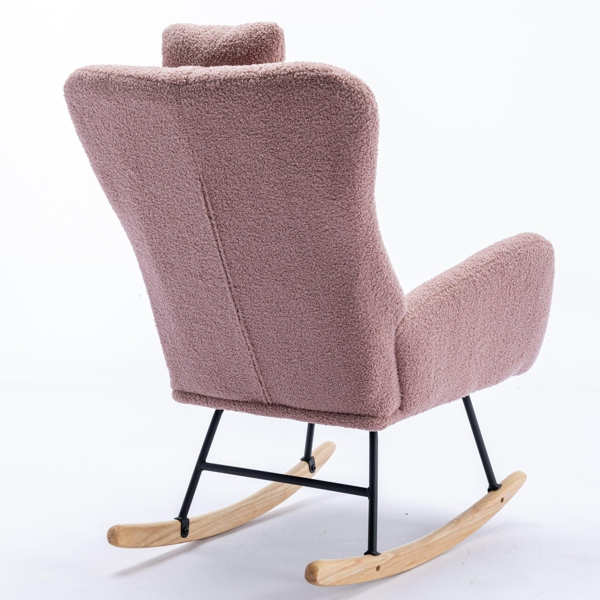 35.5 Inch Rocking Chair, Soft Teddy Velvet Fabric Rocking Chair For Nursery, Comfy Wingback Glider Rocker With Safe Solid Wood Base For Living Room Bedroom Balcony (Pink) LamCham