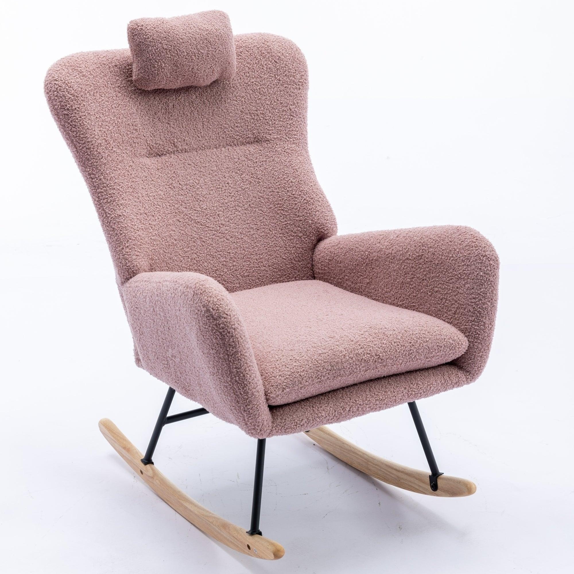 35.5 Inch Rocking Chair, Soft Teddy Velvet Fabric Rocking Chair For Nursery, Comfy Wingback Glider Rocker With Safe Solid Wood Base For Living Room Bedroom Balcony (Pink) LamCham