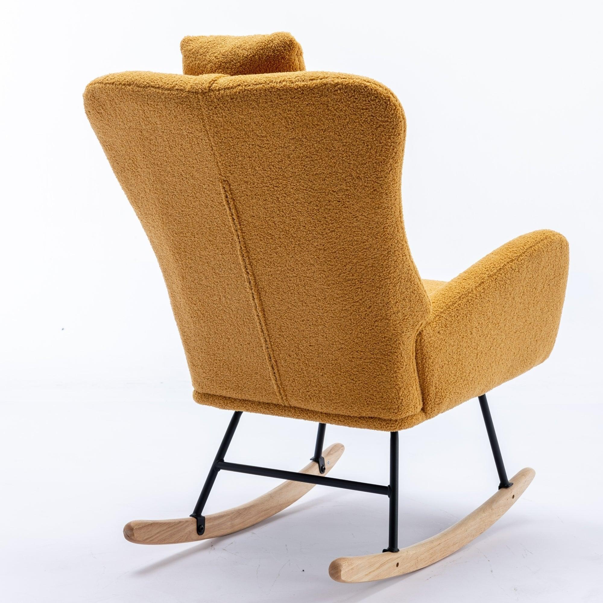 35.5 Inch Rocking Chair, Soft Teddy Velvet Fabric Rocking Chair For Nursery, Comfy Wingback Glider Rocker With Safe Solid Wood Base For Living Room Bedroom Balcony (TURMERIC) LamCham