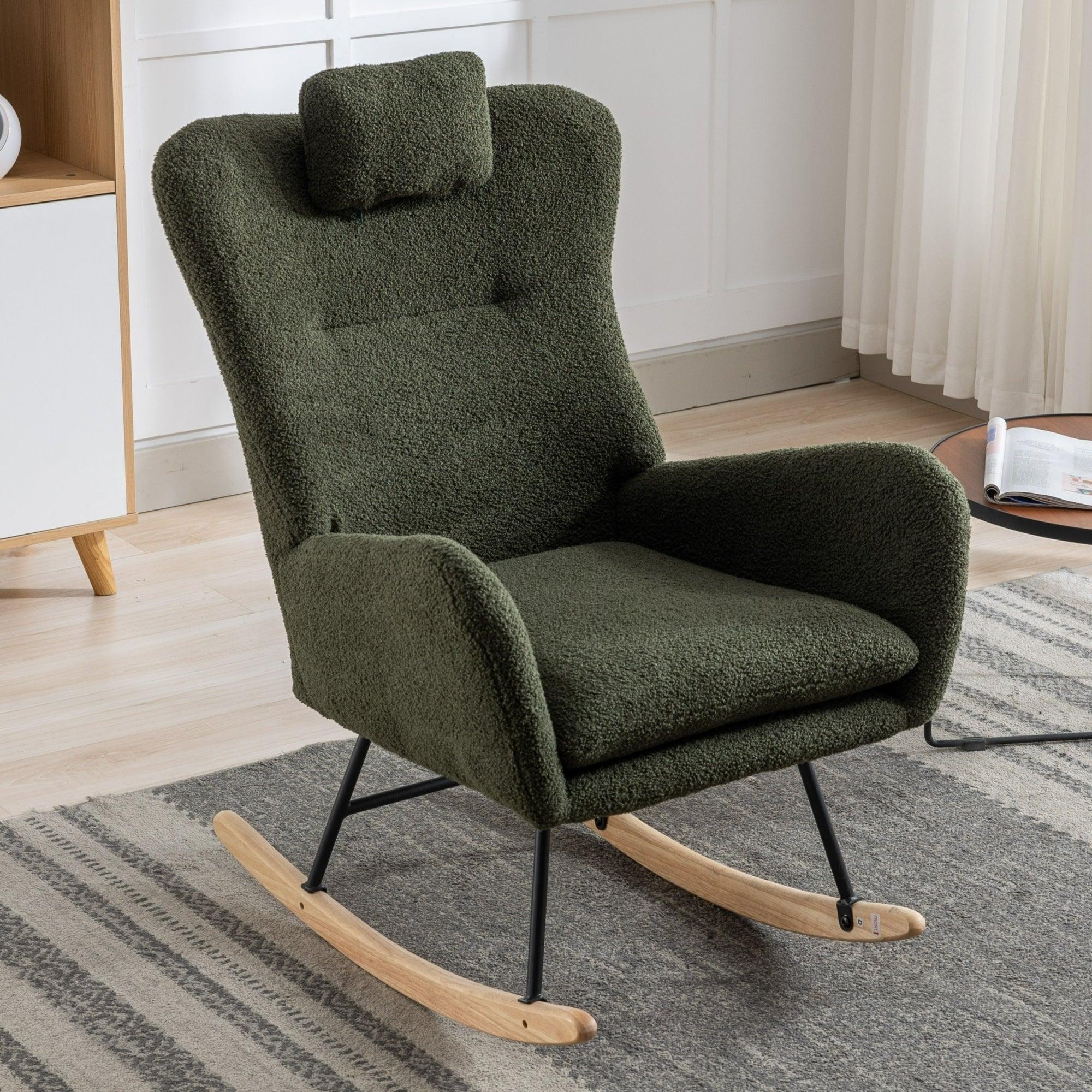 35.5 Inch Rocking Chair, Soft Teddy Velvet Fabric Rocking Chair For Nursery, Comfy Wingback Glider Rocker With Safe Solid Wood Base For Living Room Bedroom Balcony (Dark Green) LamCham