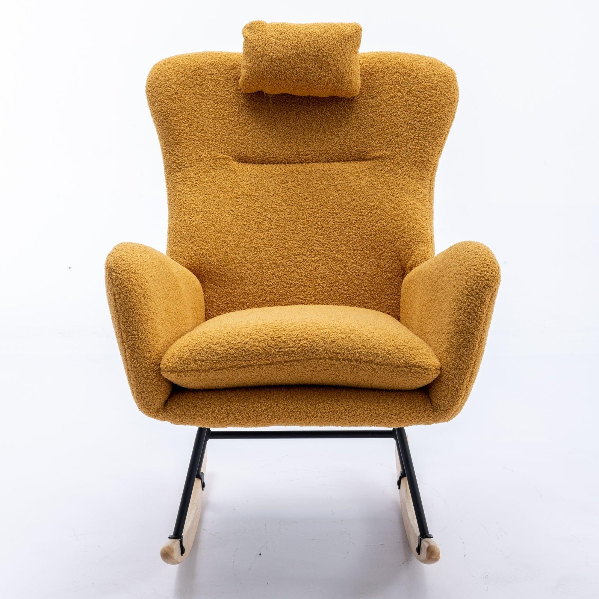 35.5 Inch Rocking Chair, Soft Teddy Velvet Fabric Rocking Chair For Nursery, Comfy Wingback Glider Rocker With Safe Solid Wood Base For Living Room Bedroom Balcony (TURMERIC) LamCham