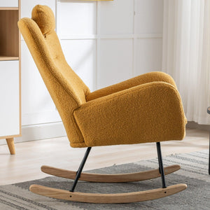 35.5 Inch Rocking Chair, Soft Teddy Velvet Fabric Rocking Chair For Nursery, Comfy Wingback Glider Rocker With Safe Solid Wood Base For Living Room Bedroom Balcony (TURMERIC) LamCham