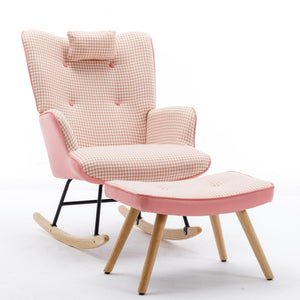 35.5 inch Rocking Chair, Soft Houndstooth Fabric Leather Fabric Rocking Chair for Nursery, Comfy Wingback Glider Rocker with Safe Solid Wood Base for Living Room Bedroom Balcony (pink) LamCham