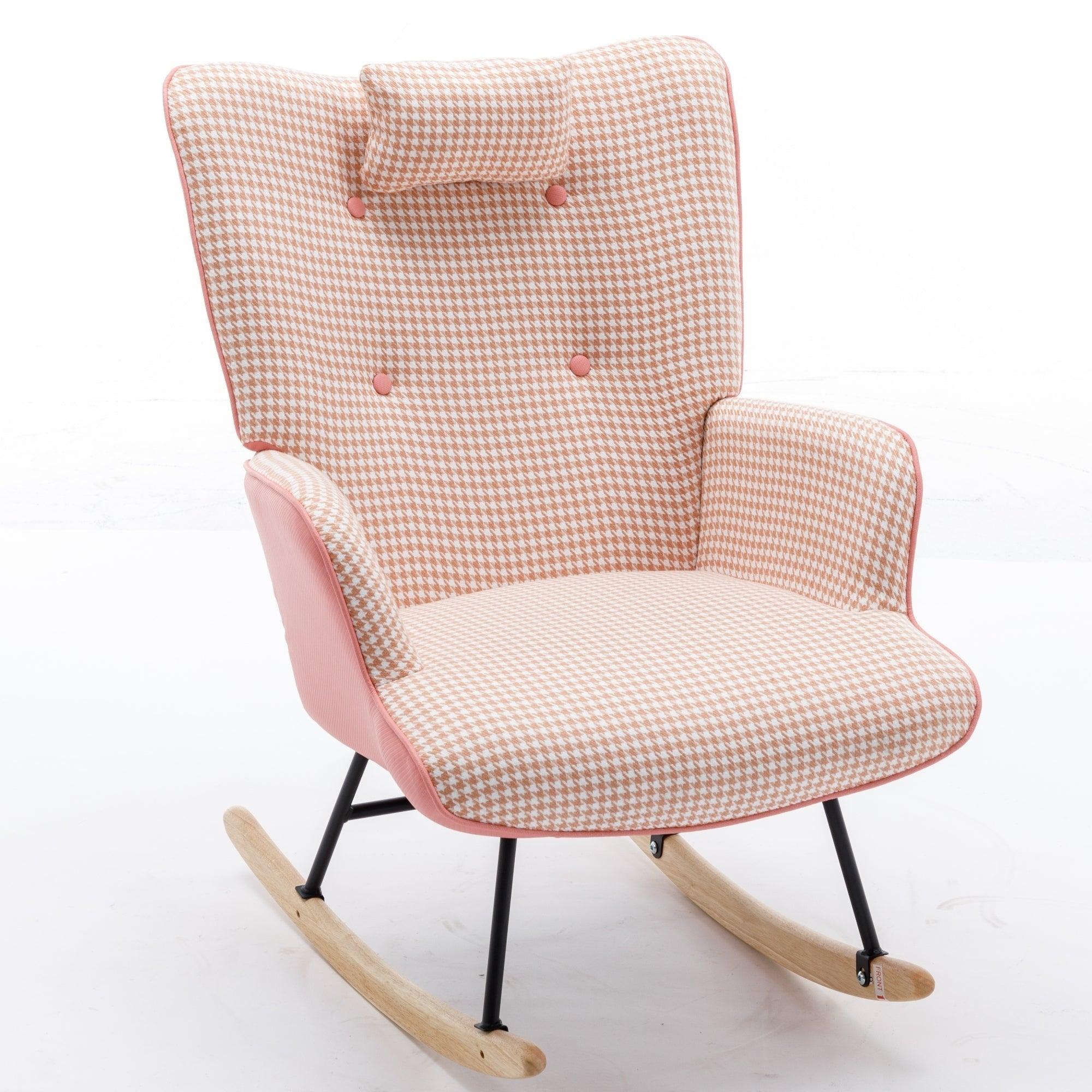 35.5 inch Rocking Chair, Soft Houndstooth Fabric Leather Fabric Rocking Chair for Nursery, Comfy Wingback Glider Rocker with Safe Solid Wood Base for Living Room Bedroom Balcony (pink) LamCham