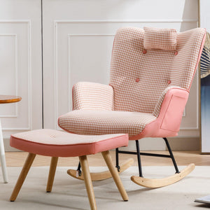 35.5 inch Rocking Chair, Soft Houndstooth Fabric Leather Fabric Rocking Chair for Nursery, Comfy Wingback Glider Rocker with Safe Solid Wood Base for Living Room Bedroom Balcony (pink) LamCham