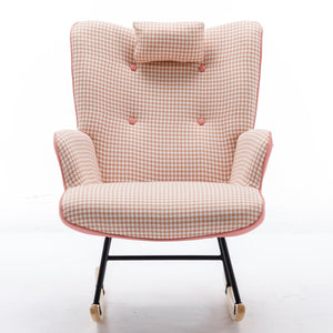 35.5 inch Rocking Chair, Soft Houndstooth Fabric Leather Fabric Rocking Chair for Nursery, Comfy Wingback Glider Rocker with Safe Solid Wood Base for Living Room Bedroom Balcony (pink) LamCham