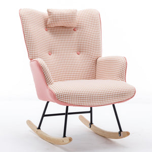 35.5 inch Rocking Chair, Soft Houndstooth Fabric Leather Fabric Rocking Chair for Nursery, Comfy Wingback Glider Rocker with Safe Solid Wood Base for Living Room Bedroom Balcony (pink) LamCham