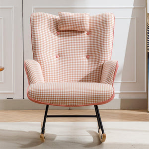 35.5 inch Rocking Chair, Soft Houndstooth Fabric Leather Fabric Rocking Chair for Nursery, Comfy Wingback Glider Rocker with Safe Solid Wood Base for Living Room Bedroom Balcony (pink) LamCham