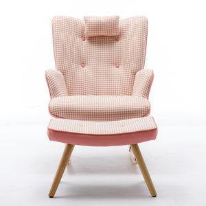 35.5 inch Rocking Chair, Soft Houndstooth Fabric Leather Fabric Rocking Chair for Nursery, Comfy Wingback Glider Rocker with Safe Solid Wood Base for Living Room Bedroom Balcony (pink) LamCham