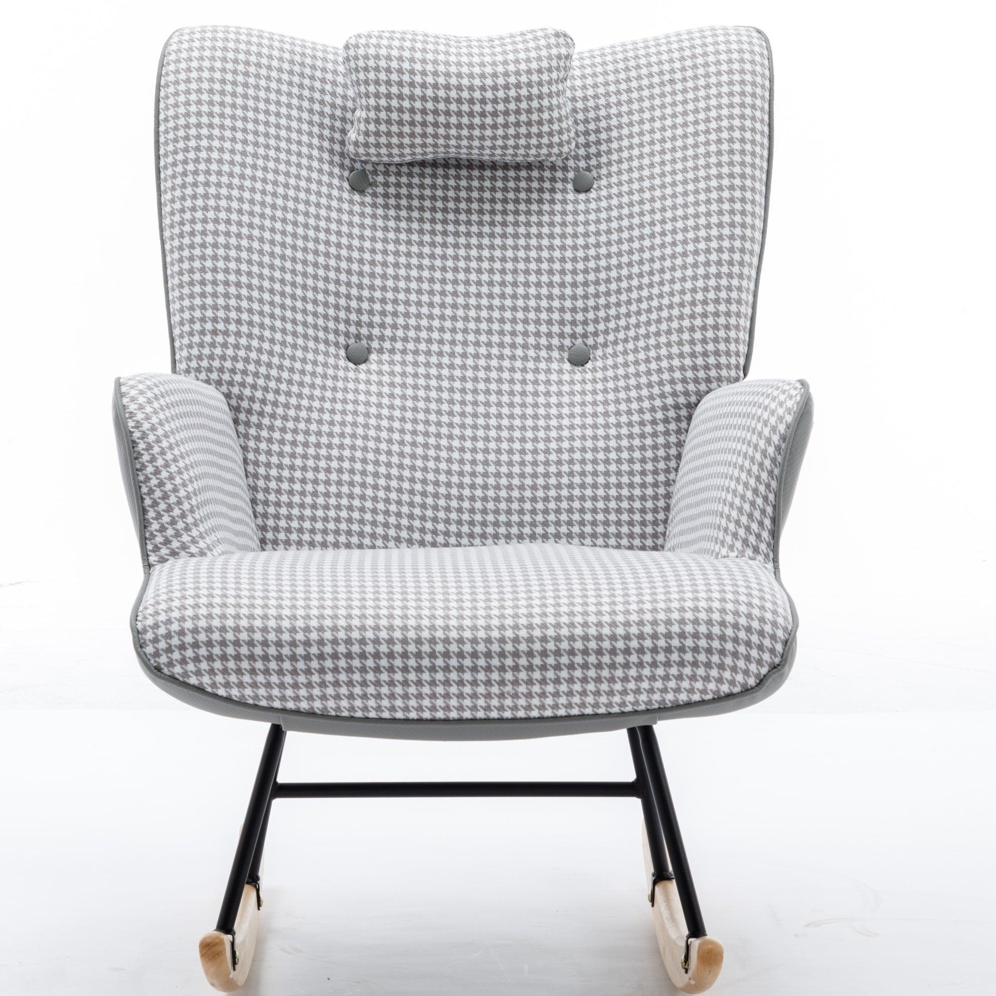 35.5 inch Rocking Chair, Soft Houndstooth Fabric Leather Fabric Rocking Chair for Nursery, Comfy Wingback Glider Rocker with Safe Solid Wood Base for Living Room Bedroom Balcony (light grey) LamCham