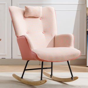 35.5 inch Rocking Chair, Soft Houndstooth Fabric Leather Fabric Rocking Chair for Nursery, Comfy Wingback Glider Rocker with Safe Solid Wood Base for Living Room Bedroom Balcony (pink) LamCham