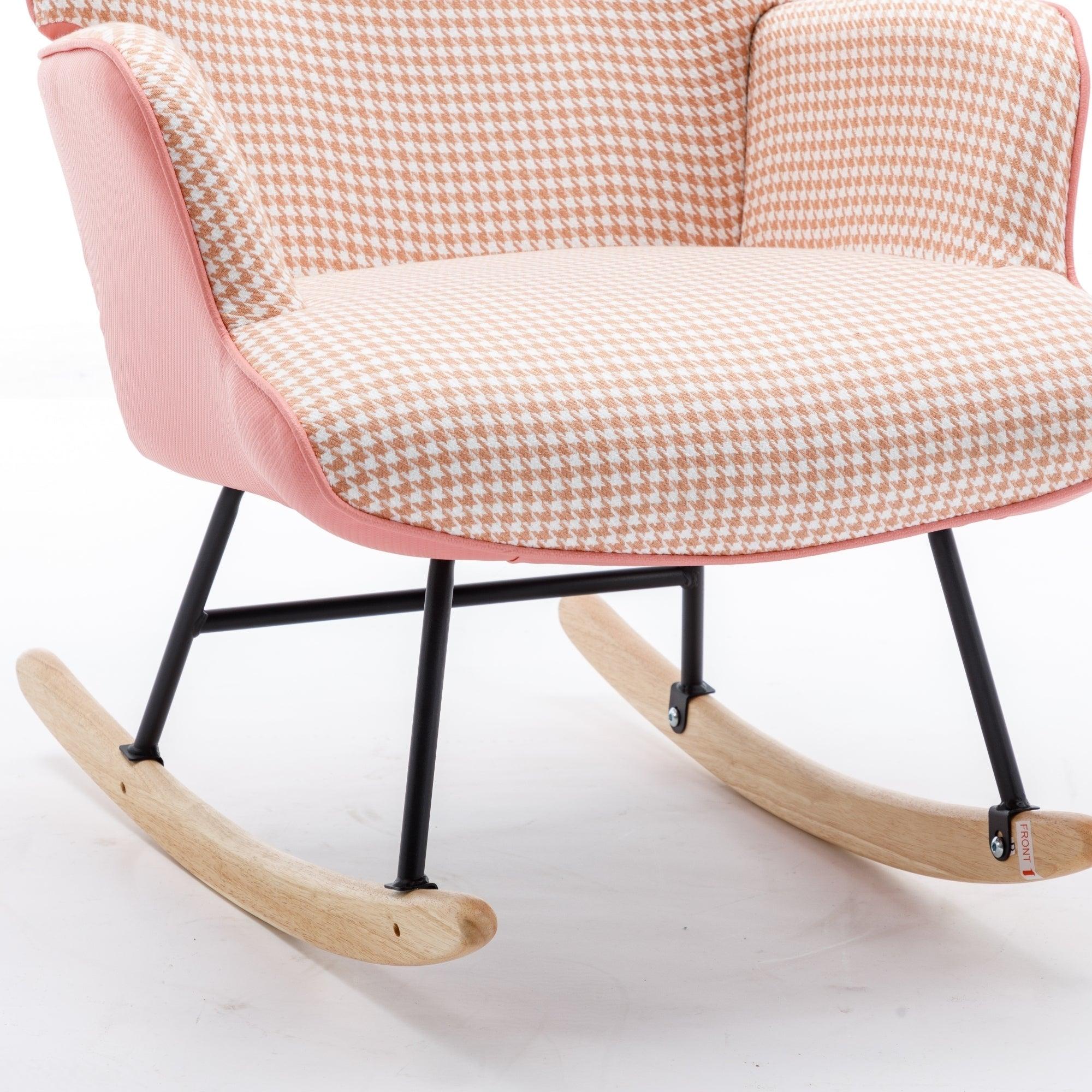 35.5 inch Rocking Chair, Soft Houndstooth Fabric Leather Fabric Rocking Chair for Nursery, Comfy Wingback Glider Rocker with Safe Solid Wood Base for Living Room Bedroom Balcony (pink) LamCham