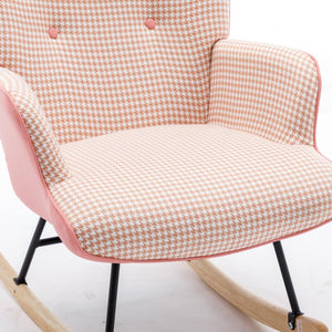 35.5 inch Rocking Chair, Soft Houndstooth Fabric Leather Fabric Rocking Chair for Nursery, Comfy Wingback Glider Rocker with Safe Solid Wood Base for Living Room Bedroom Balcony (pink) LamCham