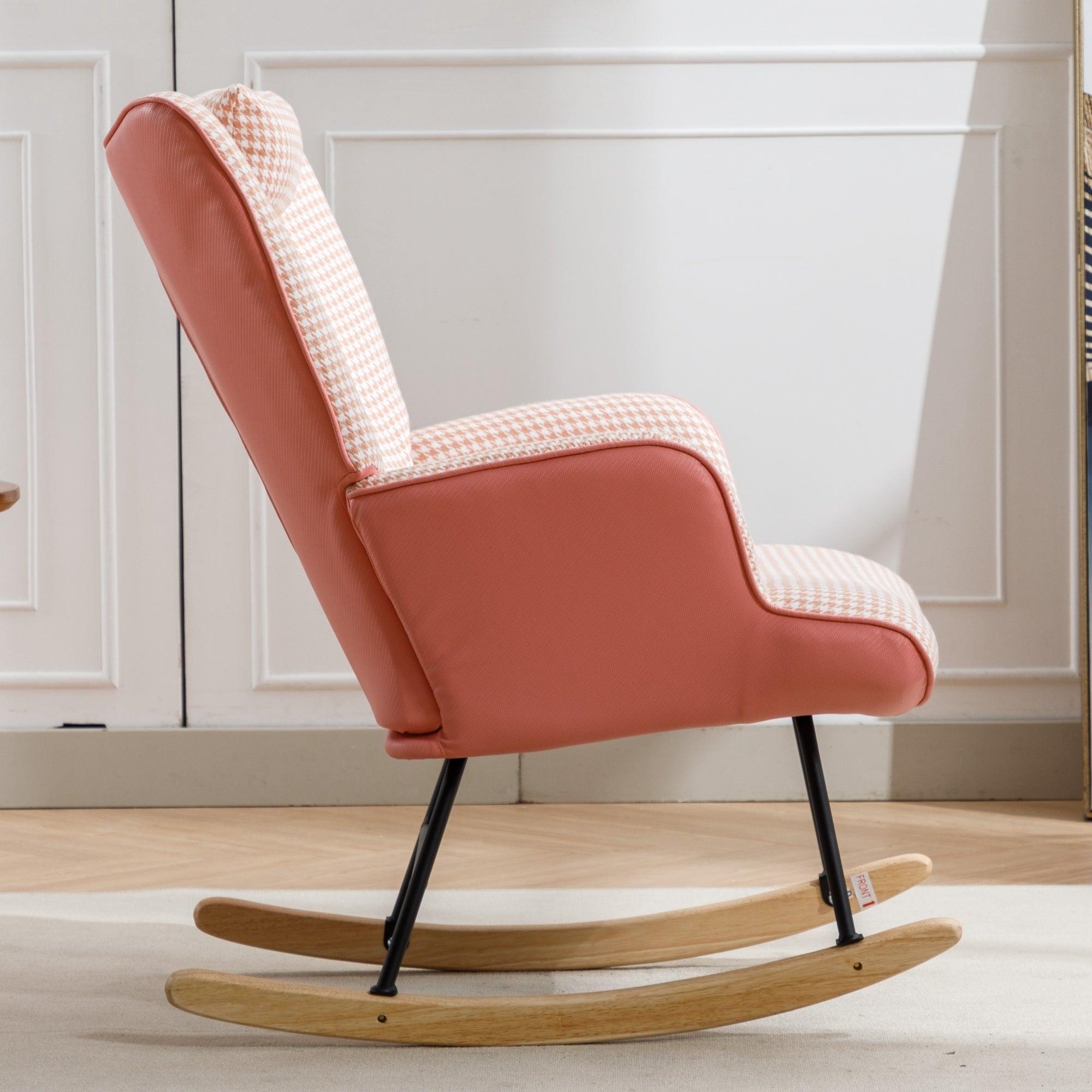 35.5 inch Rocking Chair, Soft Houndstooth Fabric Leather Fabric Rocking Chair for Nursery, Comfy Wingback Glider Rocker with Safe Solid Wood Base for Living Room Bedroom Balcony (pink) LamCham