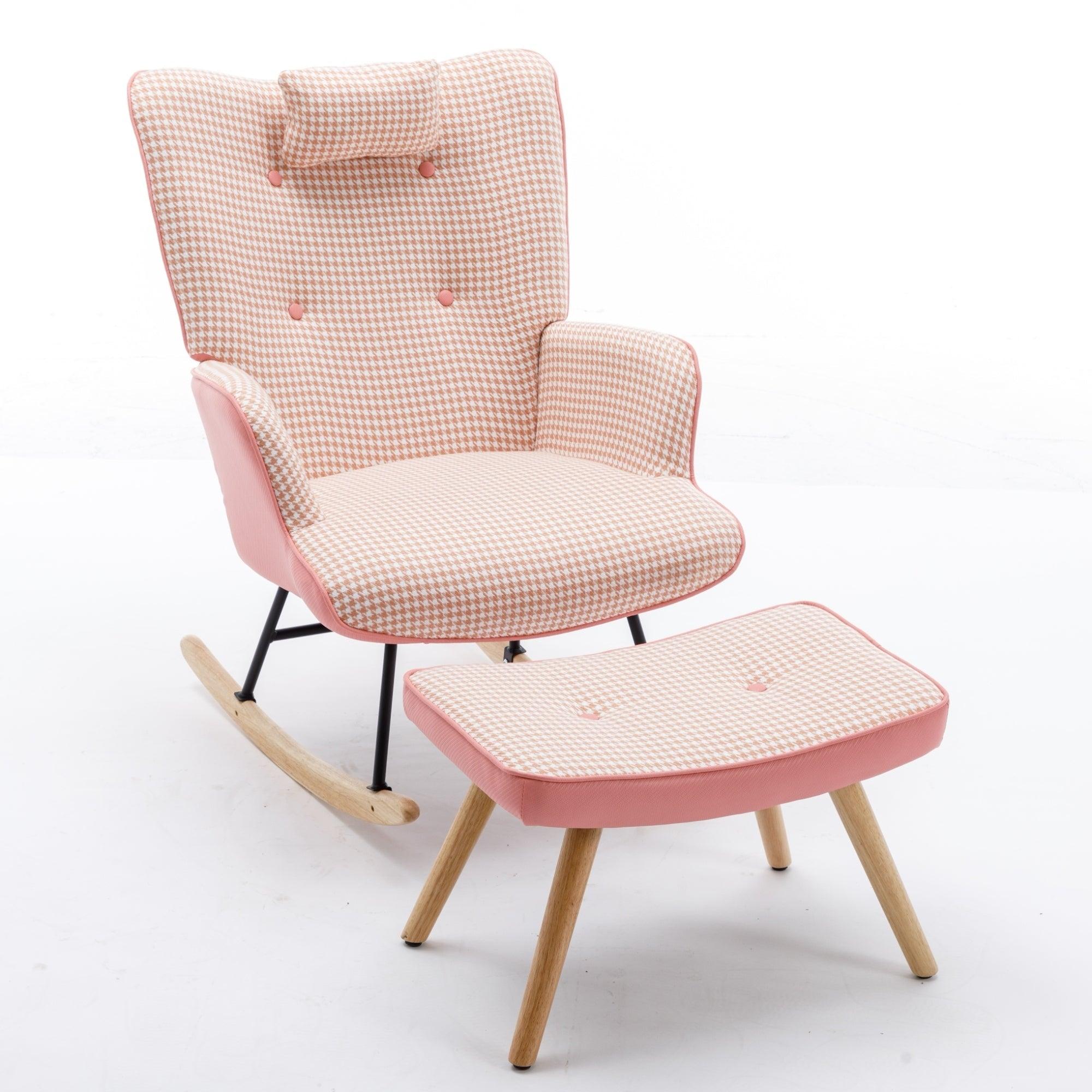 35.5 inch Rocking Chair, Soft Houndstooth Fabric Leather Fabric Rocking Chair for Nursery, Comfy Wingback Glider Rocker with Safe Solid Wood Base for Living Room Bedroom Balcony (pink) LamCham