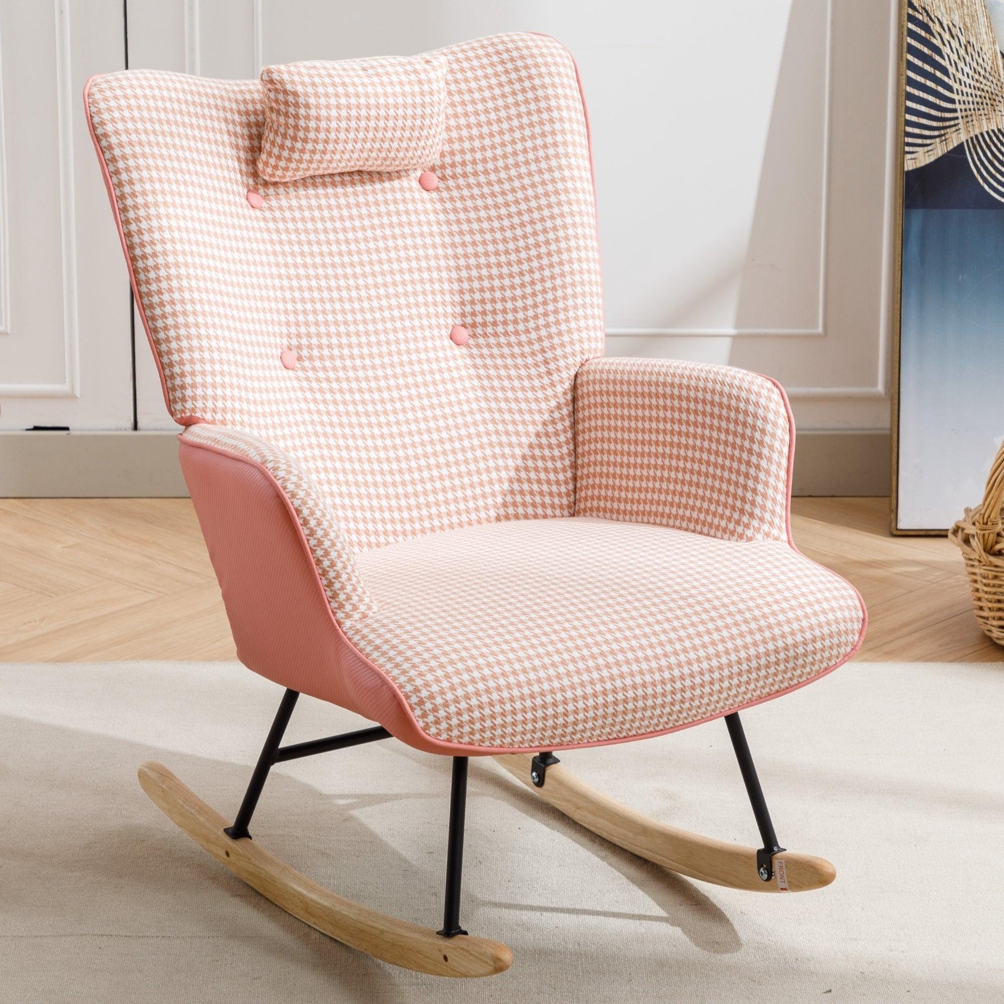 35.5 inch Rocking Chair, Soft Houndstooth Fabric Leather Fabric Rocking Chair for Nursery, Comfy Wingback Glider Rocker with Safe Solid Wood Base for Living Room Bedroom Balcony (pink) LamCham