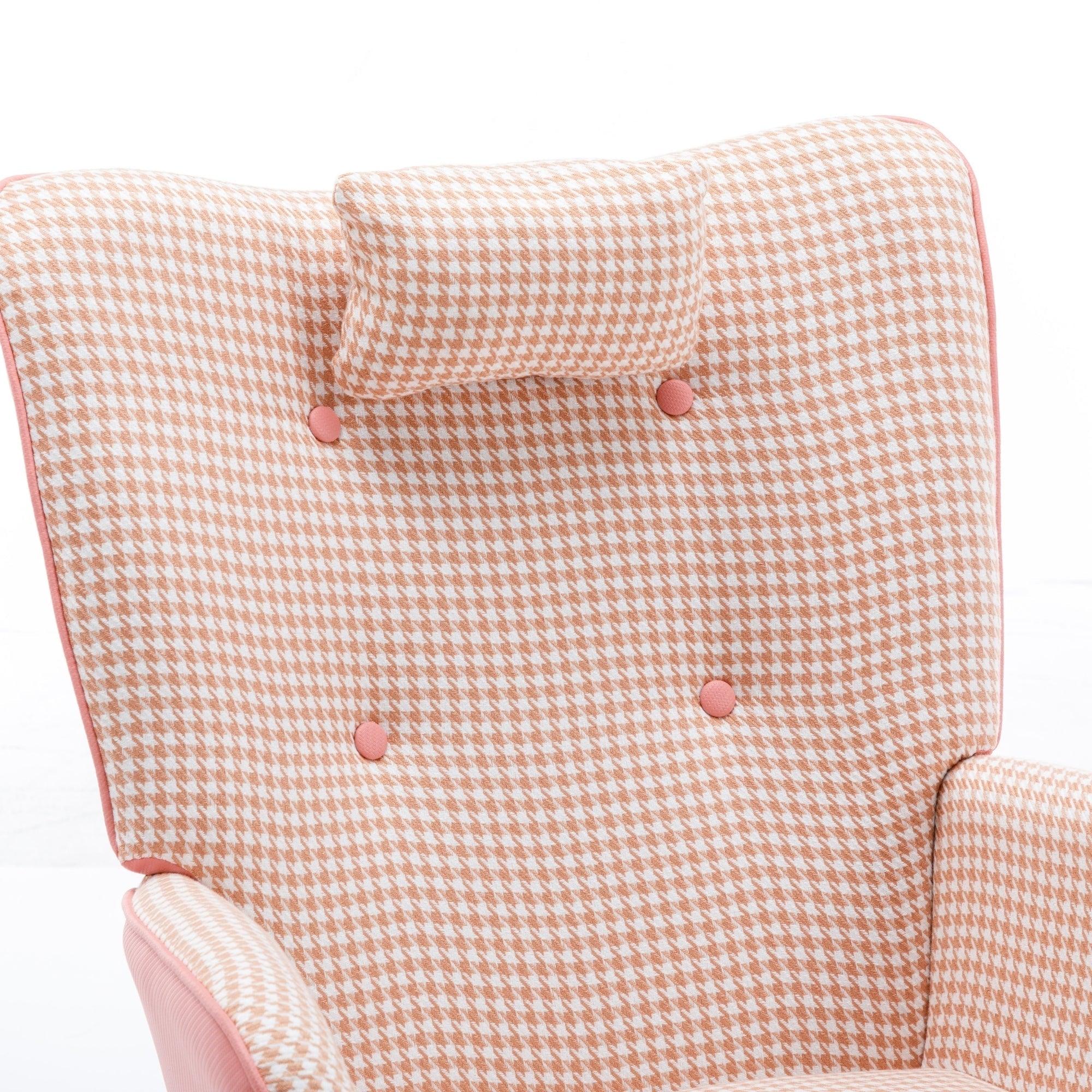 35.5 inch Rocking Chair, Soft Houndstooth Fabric Leather Fabric Rocking Chair for Nursery, Comfy Wingback Glider Rocker with Safe Solid Wood Base for Living Room Bedroom Balcony (pink) LamCham