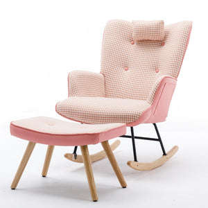 35.5 inch Rocking Chair, Soft Houndstooth Fabric Leather Fabric Rocking Chair for Nursery, Comfy Wingback Glider Rocker with Safe Solid Wood Base for Living Room Bedroom Balcony (pink) LamCham