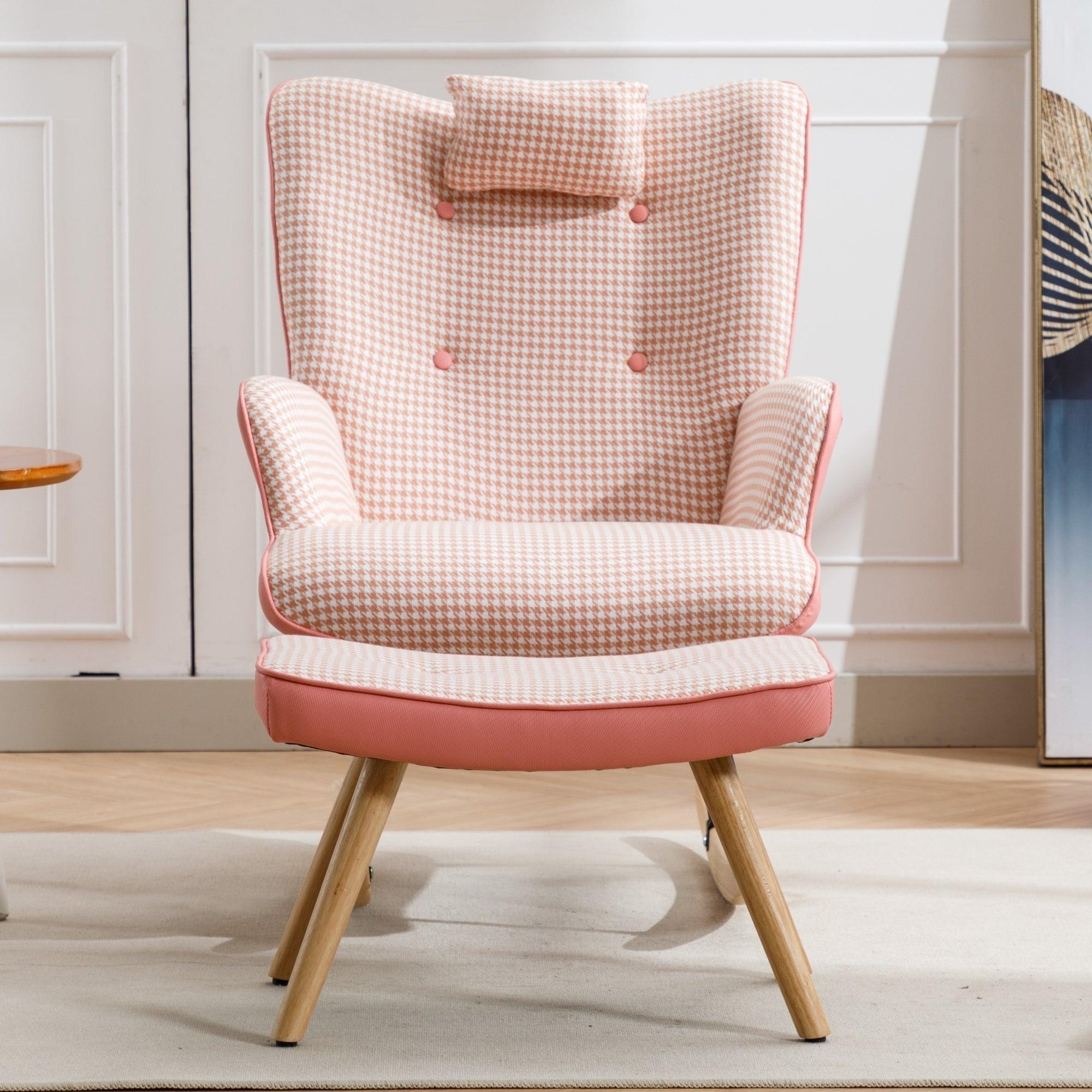 35.5 inch Rocking Chair, Soft Houndstooth Fabric Leather Fabric Rocking Chair for Nursery, Comfy Wingback Glider Rocker with Safe Solid Wood Base for Living Room Bedroom Balcony (pink) LamCham