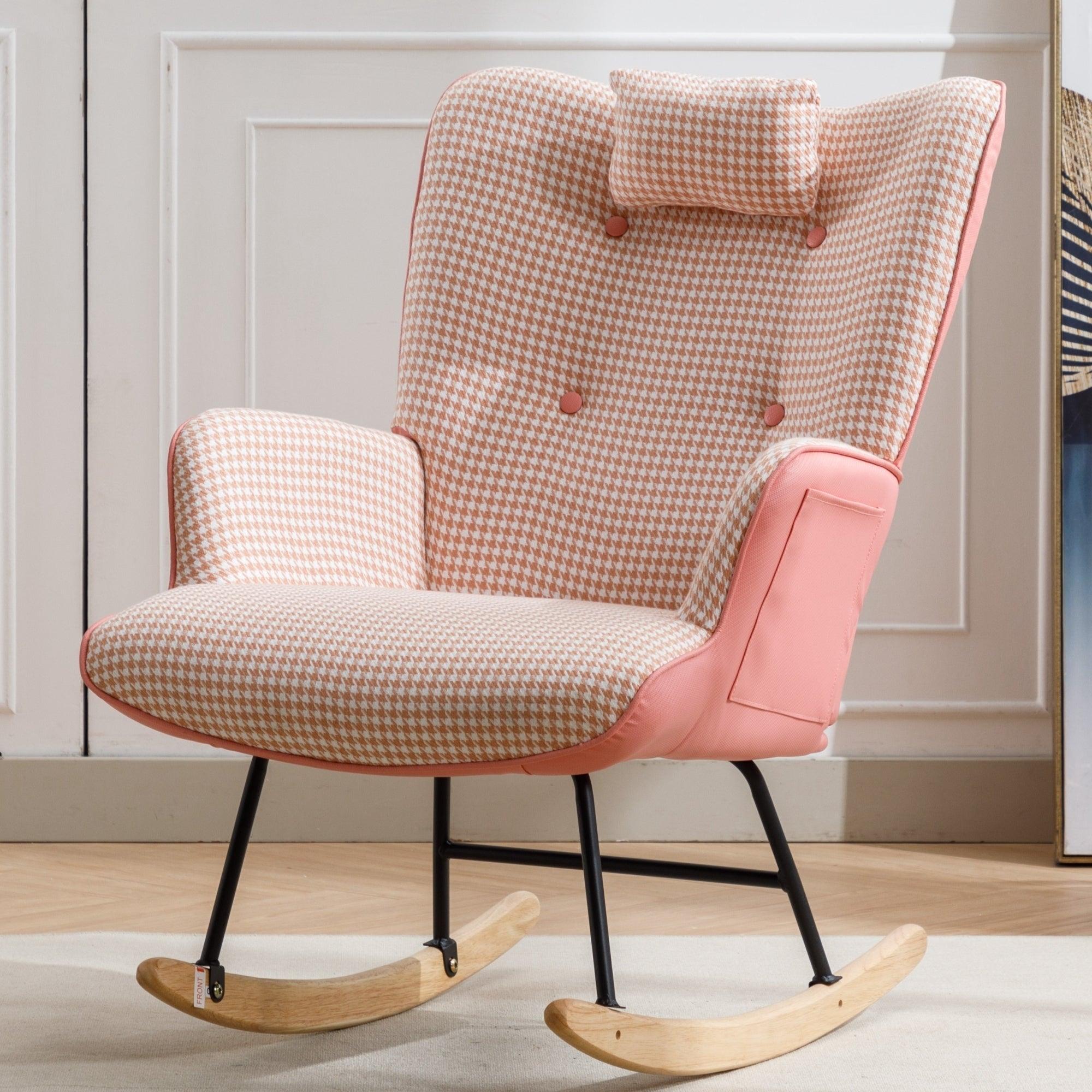 35.5 inch Rocking Chair, Soft Houndstooth Fabric Leather Fabric Rocking Chair for Nursery, Comfy Wingback Glider Rocker with Safe Solid Wood Base for Living Room Bedroom Balcony (pink) LamCham