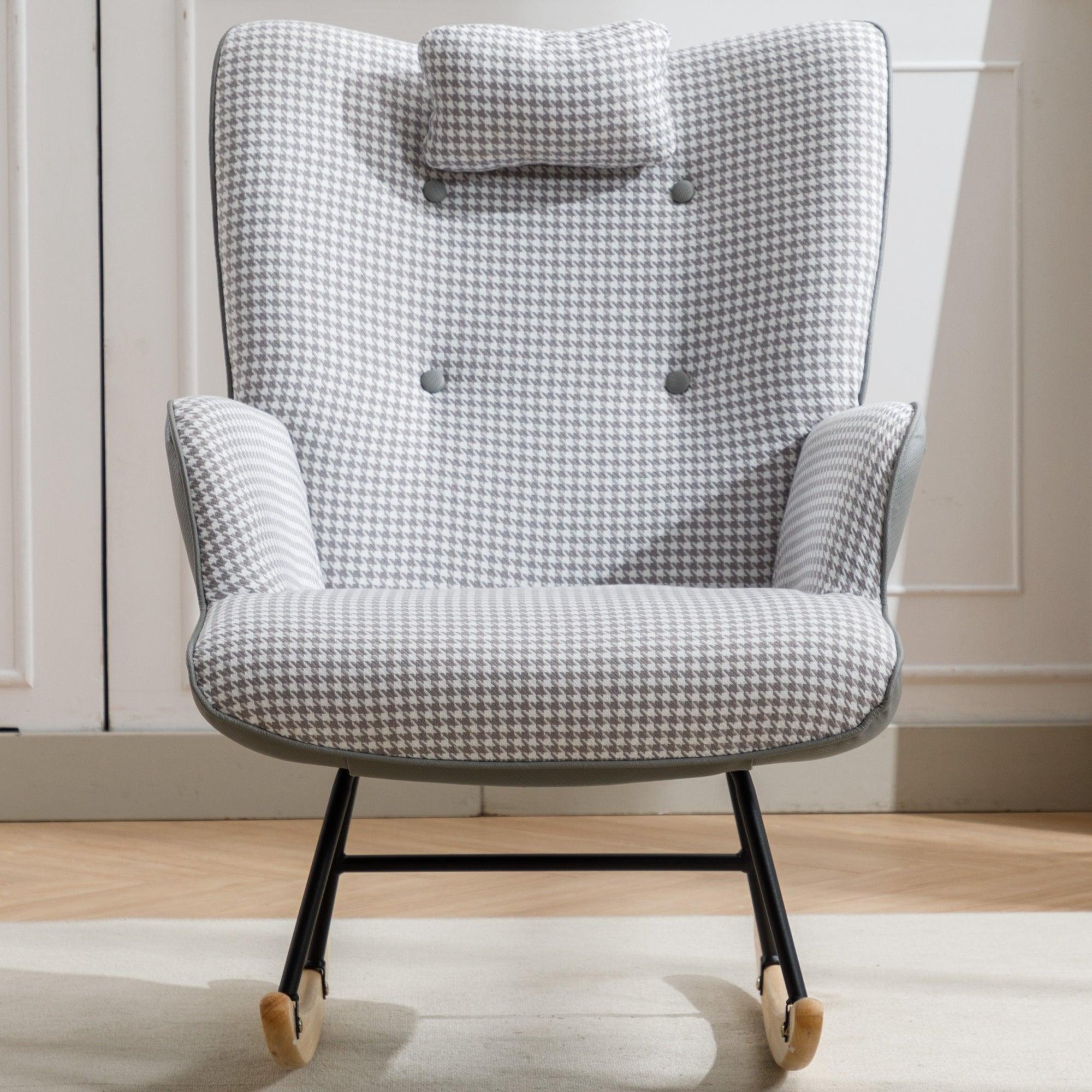 35.5 inch Rocking Chair, Soft Houndstooth Fabric Leather Fabric Rocking Chair for Nursery, Comfy Wingback Glider Rocker with Safe Solid Wood Base for Living Room Bedroom Balcony (light grey) LamCham