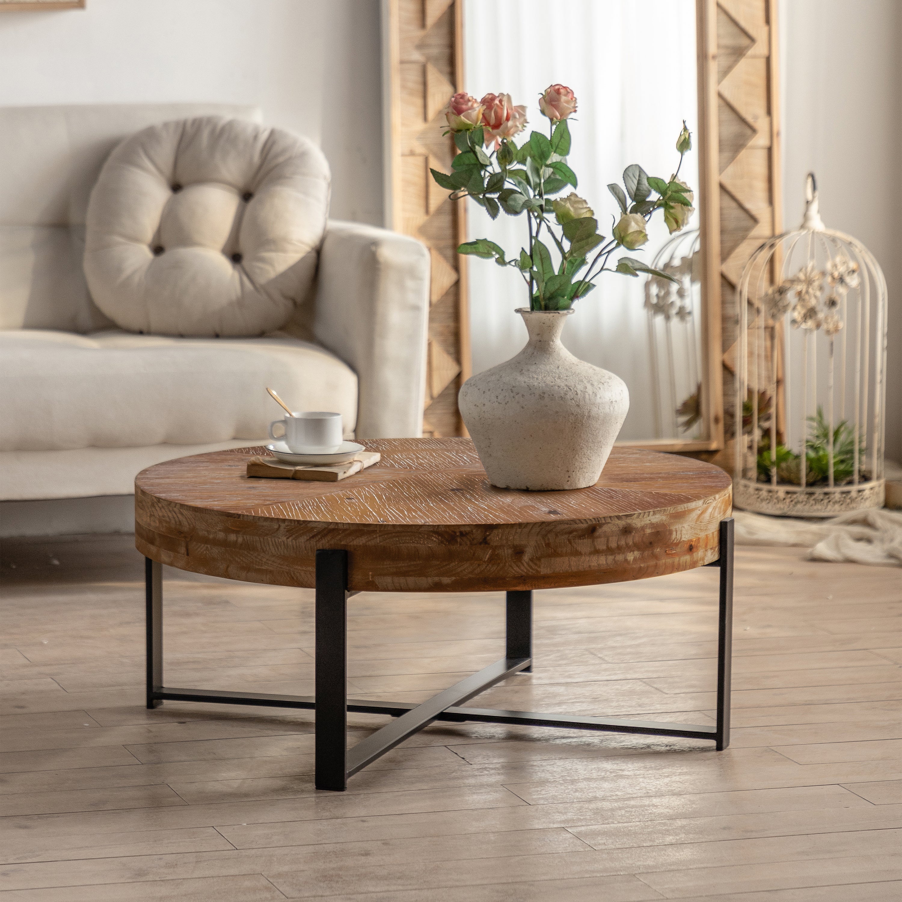 31.29" Modern Retro Splicing Round Coffee Table, Fir Wood Table Top With Cross Legs Metal Base