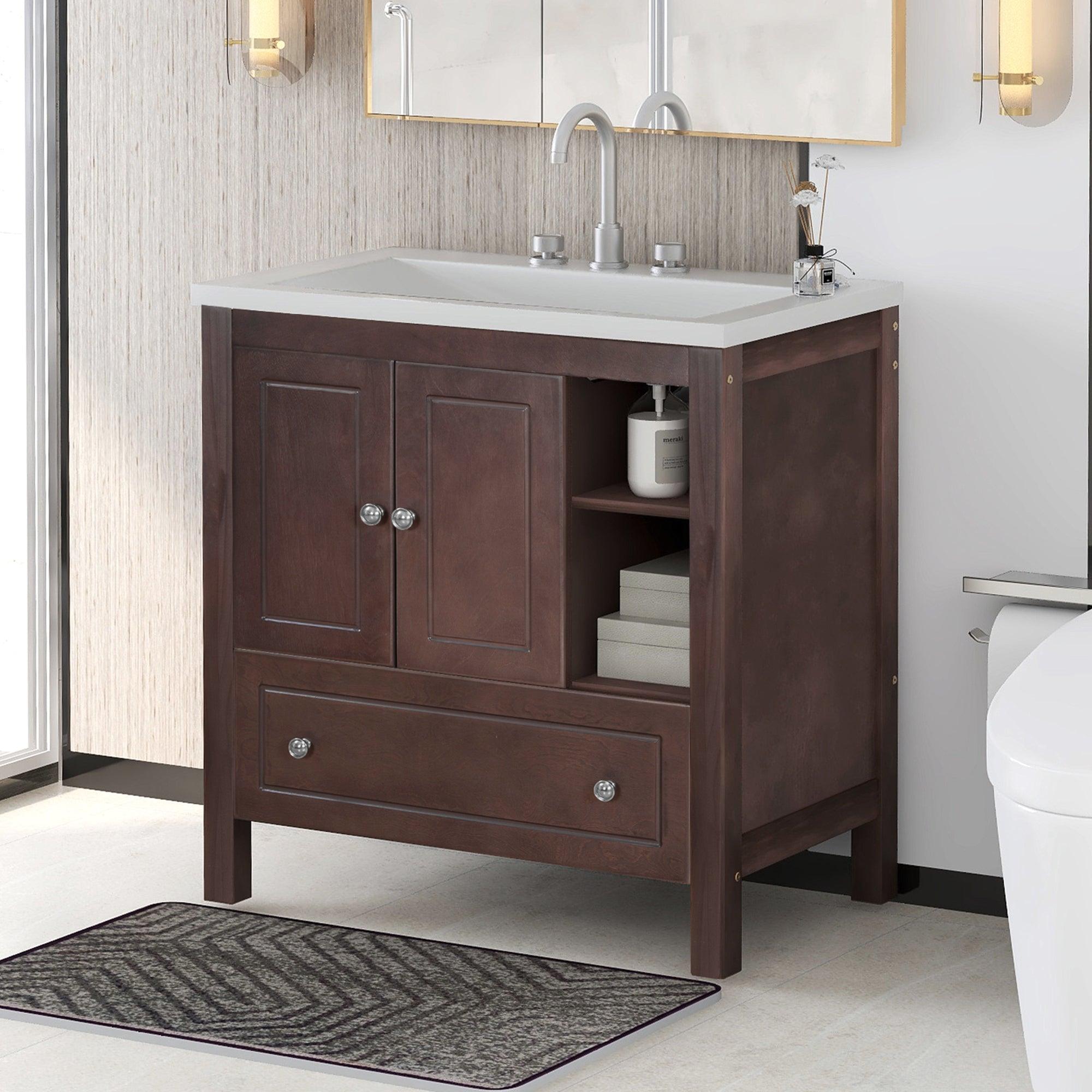 🆓🚛 30" Bathroom Vanity With Sink, Bathroom Storage Cabinet With Doors & Drawers, Solid Wood Frame, Ceramic Sink, Brown