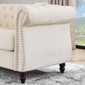 58.8" Chesterfield Sofa Beige Velvet for Living Room, 2 Seater Sofa Tufted Couch with Rolled Arms and Nailhead with 2 Pillows