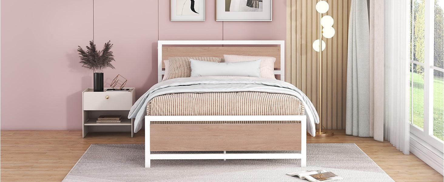 Full Size Platform Bed, Metal and Wood Bed Frame with Headboard and Footboard , White