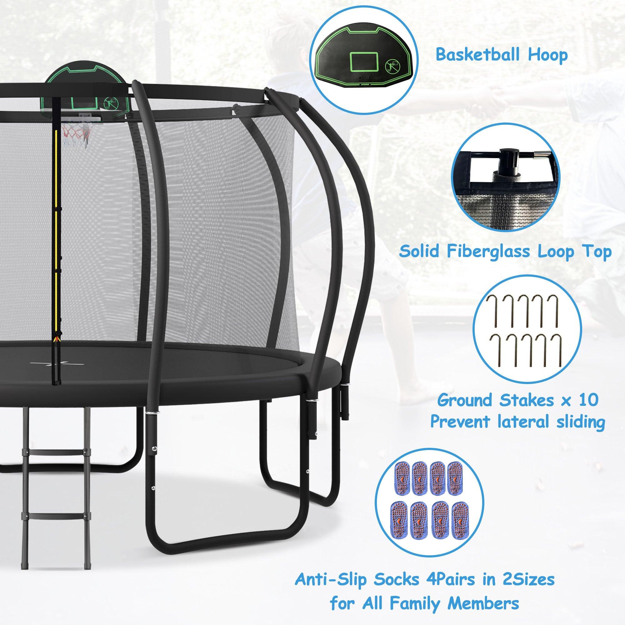 🆓🚛 12FT Trampoline for Kids With Upgraded ArcPole and Composite TopLoop for Safety Enclosure + Basketball Board and 10 Ground Stakes