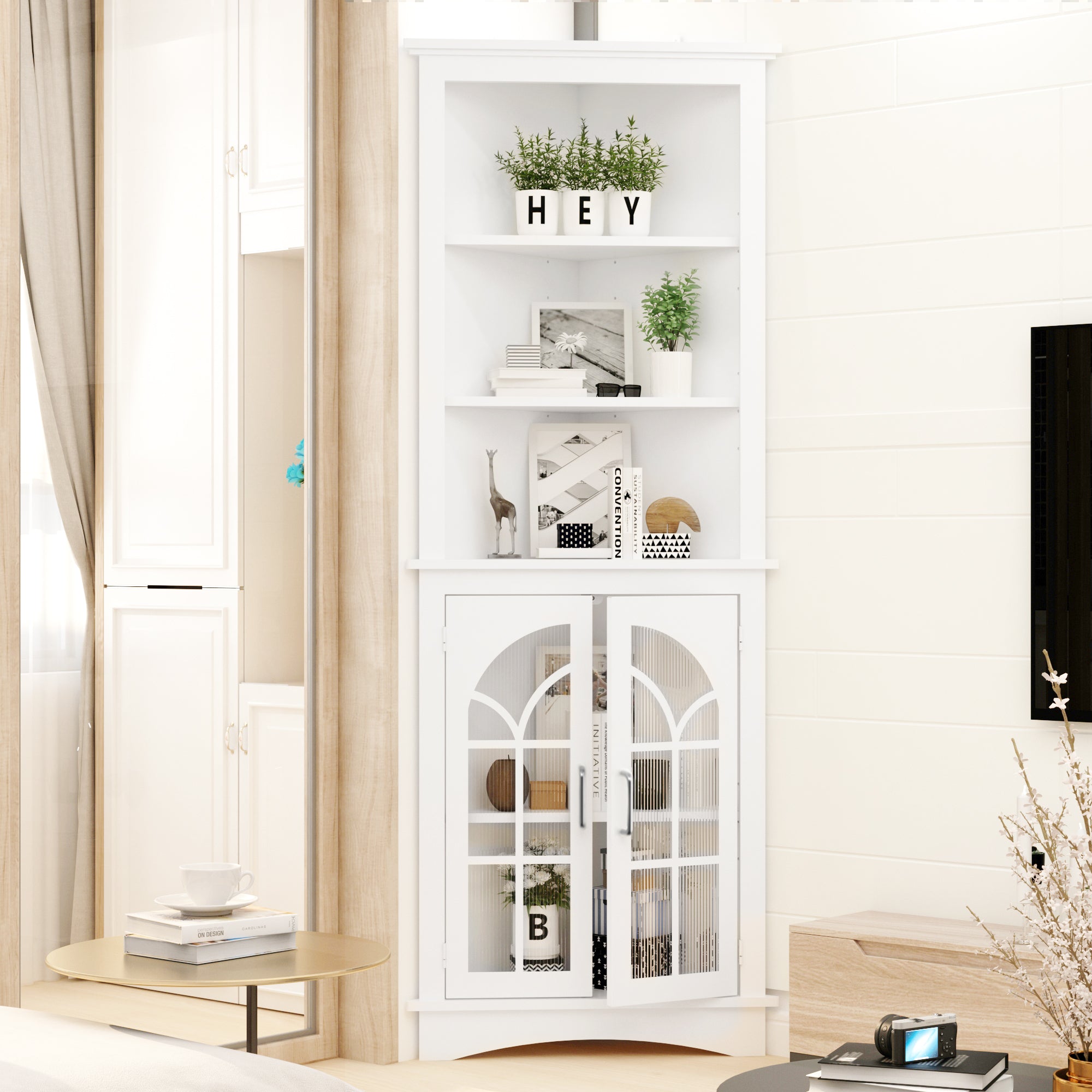 🆓🚛 Corner Storage Cabinet, 63.3" Tall Freestanding Bookcase With Doors & Adjustable Shelves, 5-Tier Corner Display Cabinet for Living Room, Office, Dining Room, White