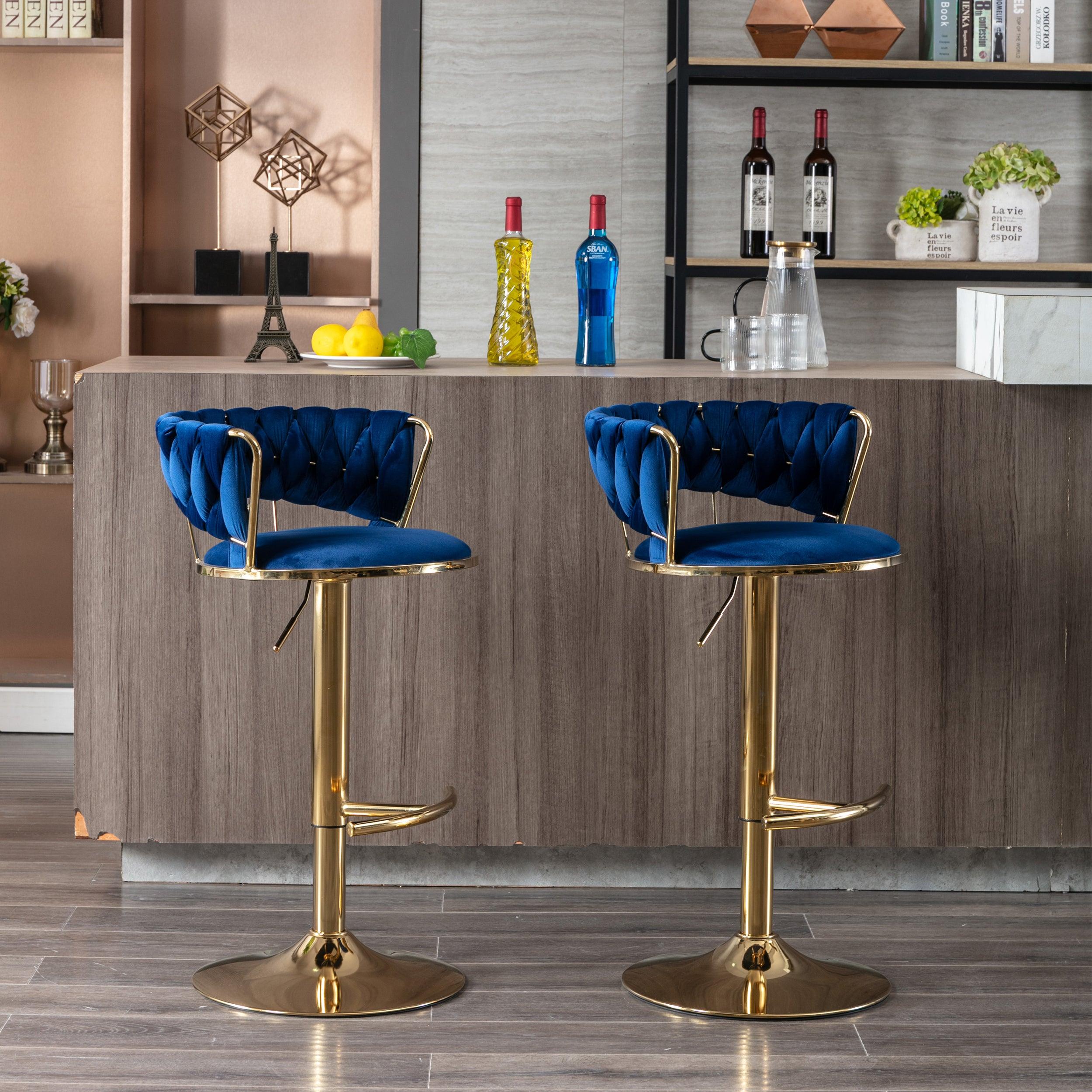 🆓🚛 Set Of 2 Bar Stools, With Chrome Footrest & Base Swivel Height Adjustable Mechanical Lifting Velvet + Golden Leg Simple Bar Stool-Blue