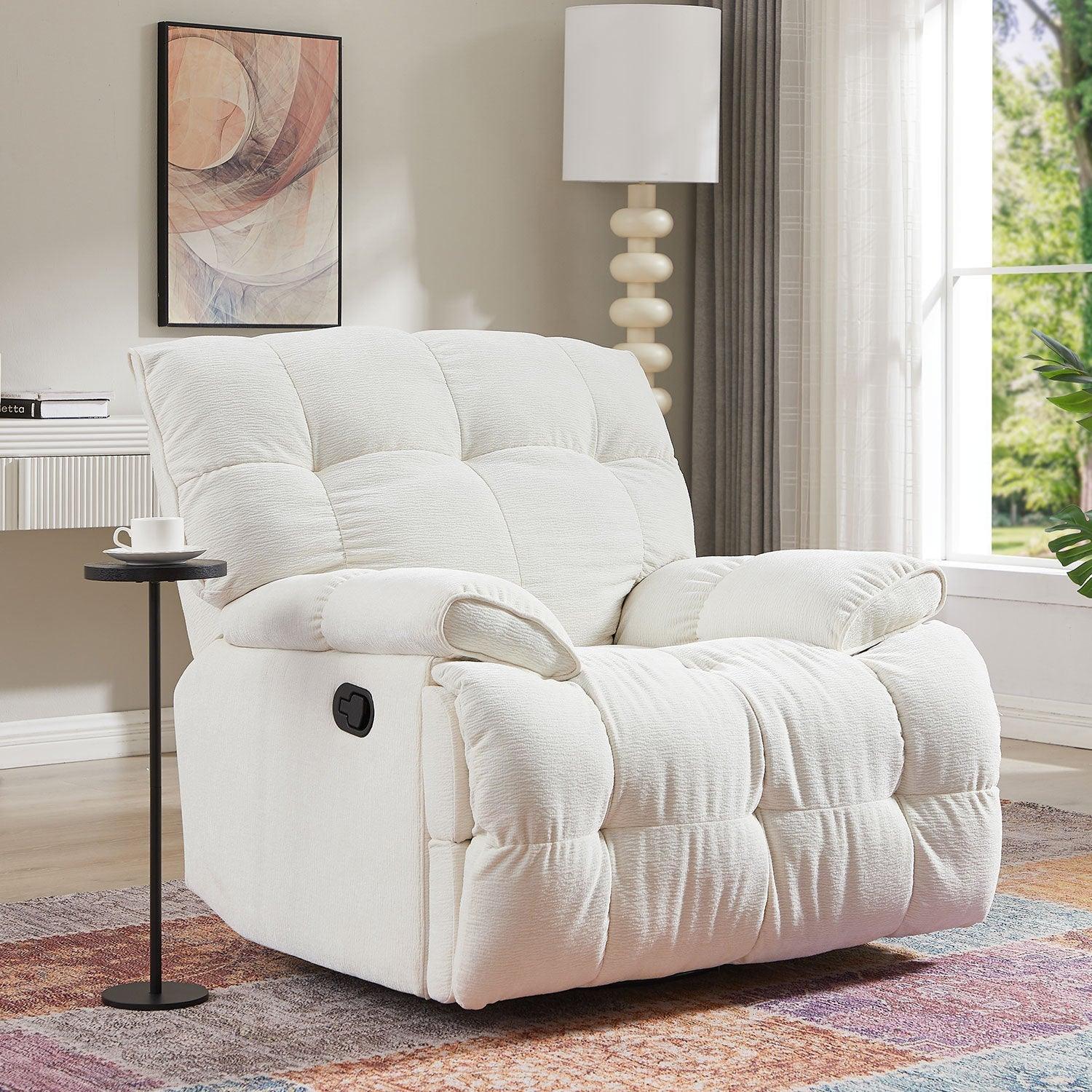 360 Degree Swivel Manual Antiskid Fabric Single Sofa Heavy Duty Reclining Chair for Living Room, Cream LamCham