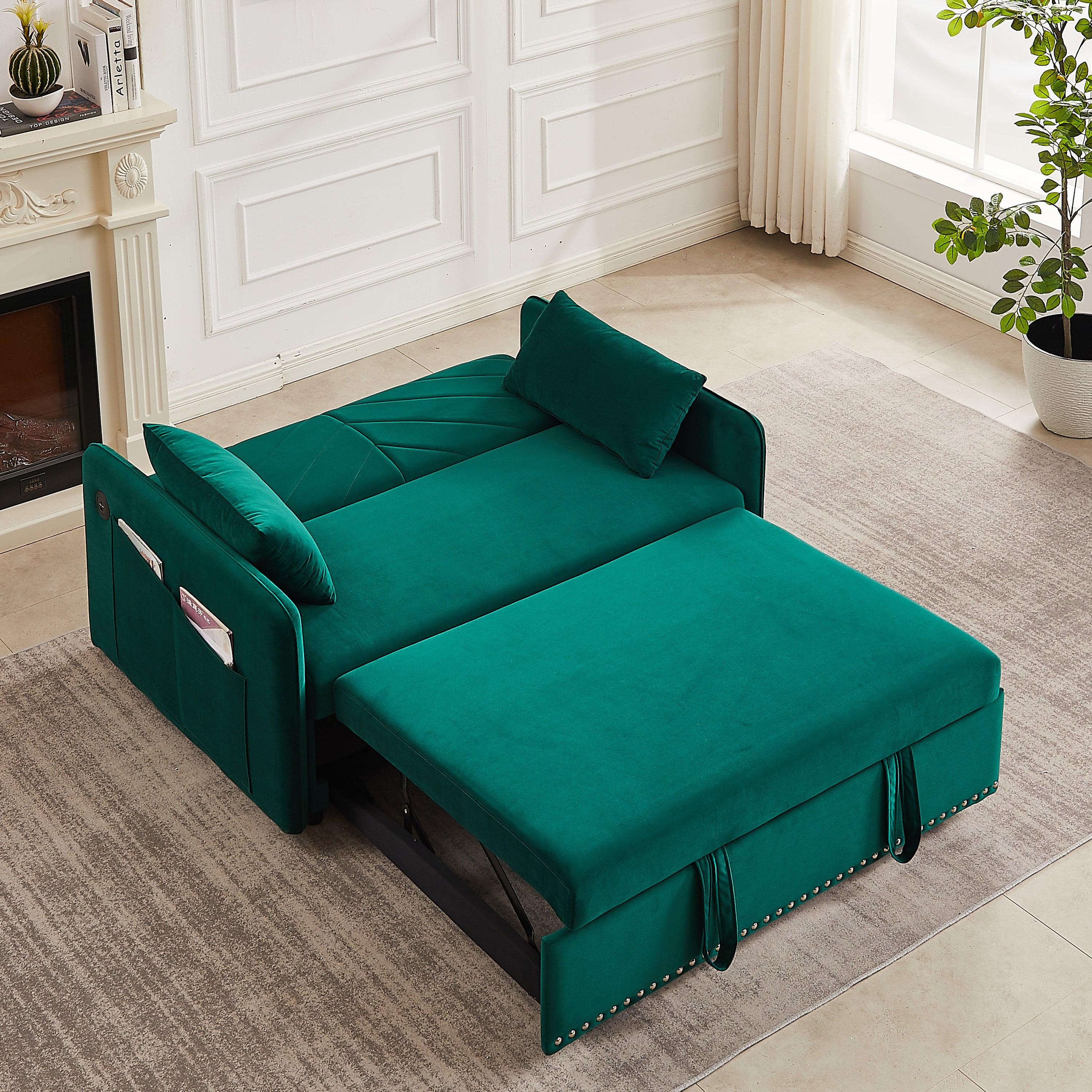 🆓🚛 3-in-1 Adjustable Sleeper Sofa Pull-Out Bed W/Usb Port, 2 Lumbar Pillows & Side Pocket, Green