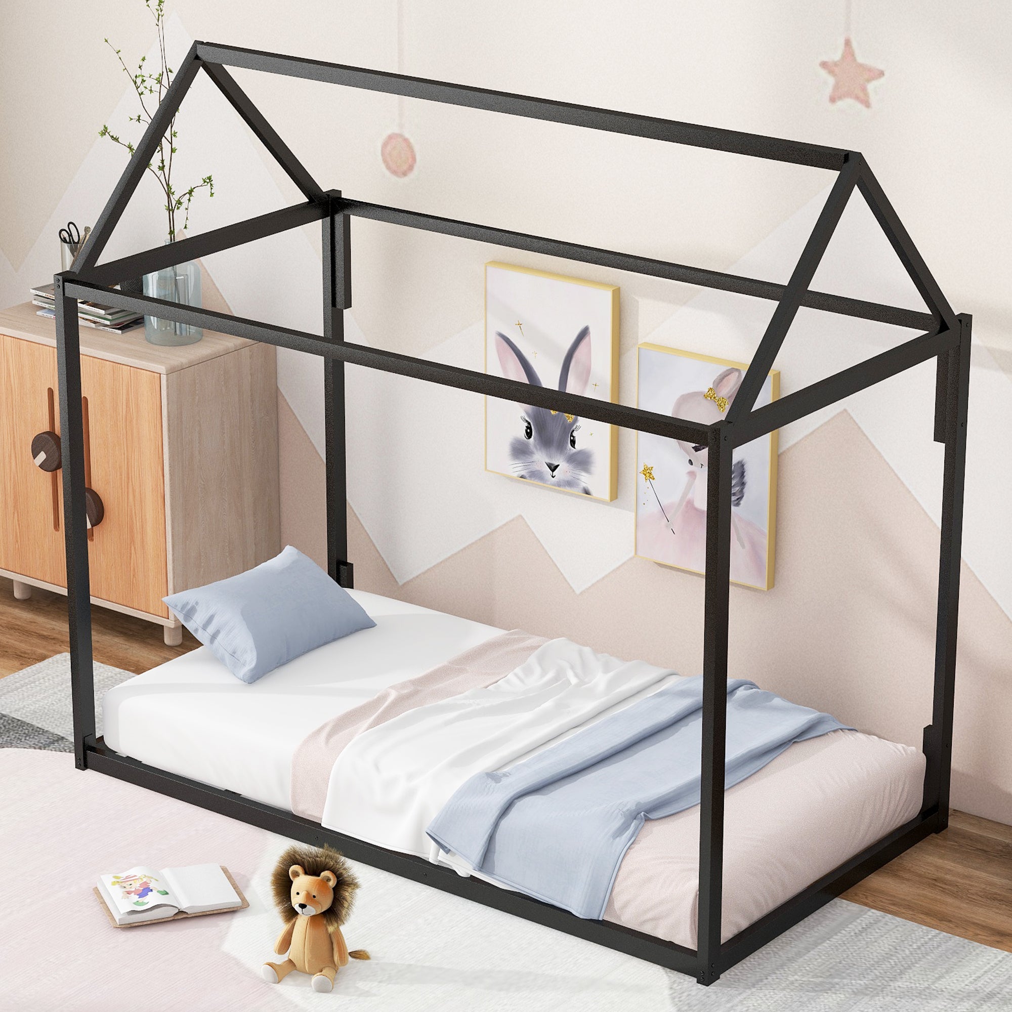 🆓🚛 Metal House Shape Platform Bed, Twin, black