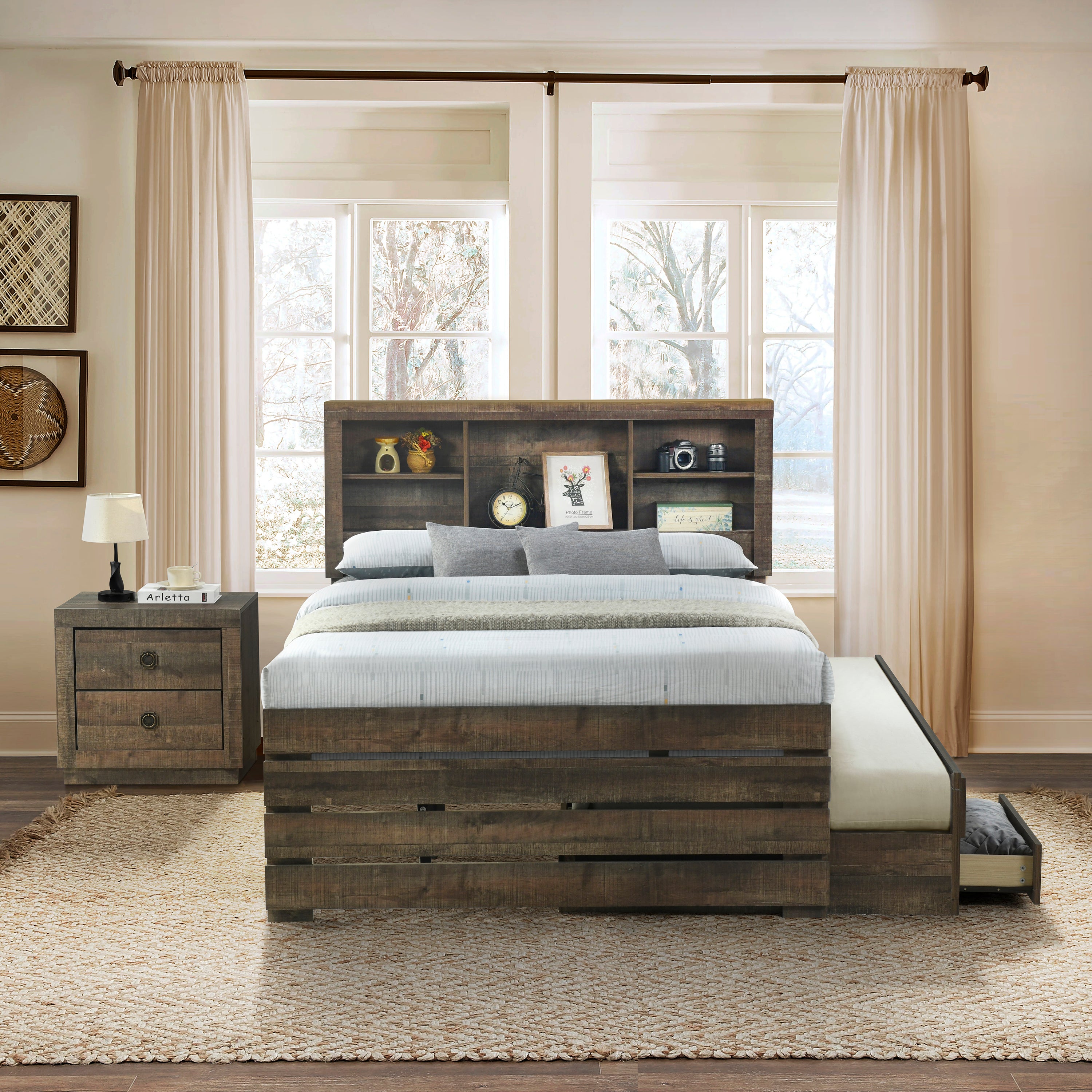 🆓🚛 2 Pieces Bedroom Sets Farmhouse Style Twin Size Bookcase Captain Bed and Nightstand, Rustic Brown
