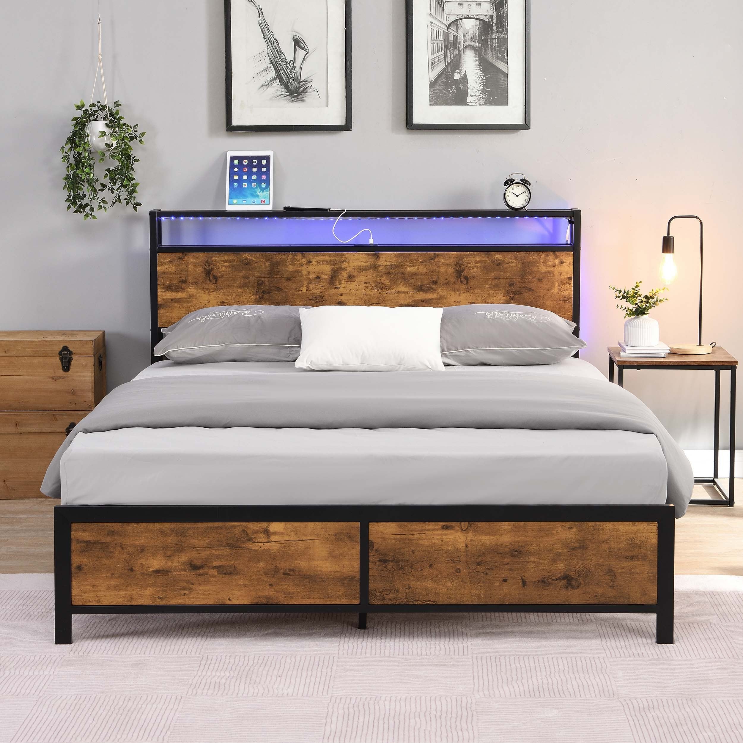 🆓🚛 Queen Bed Frame with LED Lights and 2 USB Ports & Storage, Rustic Brown