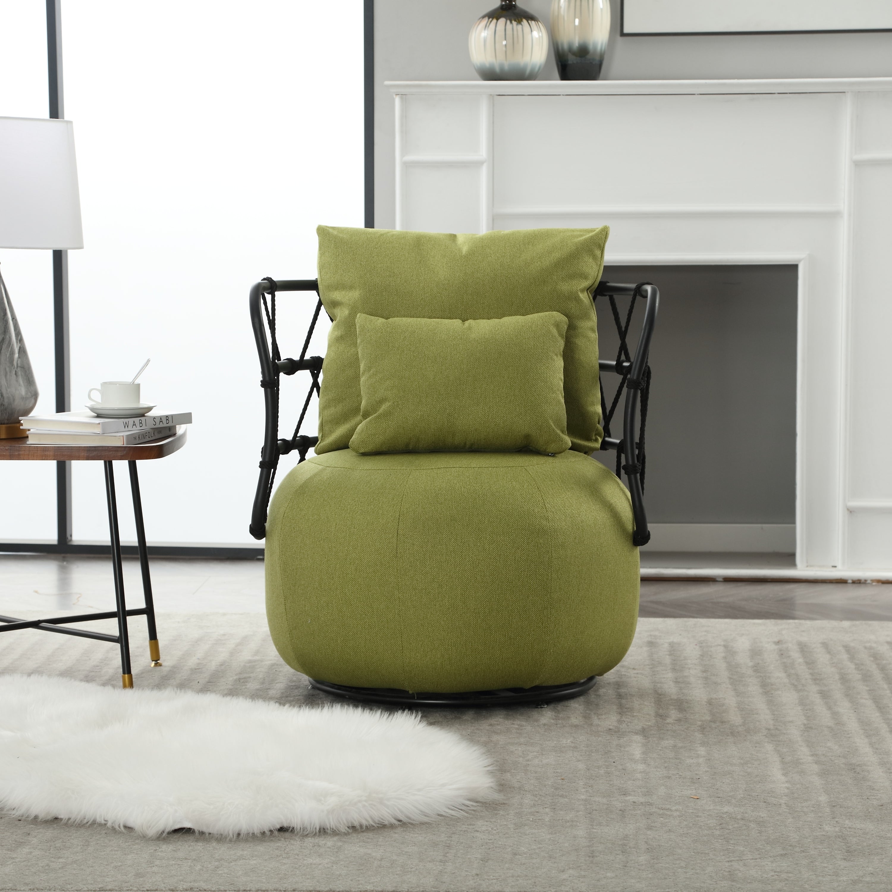 🆓🚛 Upholstered Tufted Living Room Chair Textured Linen Fabric Accent Chair With Metal Stand, Olive Green