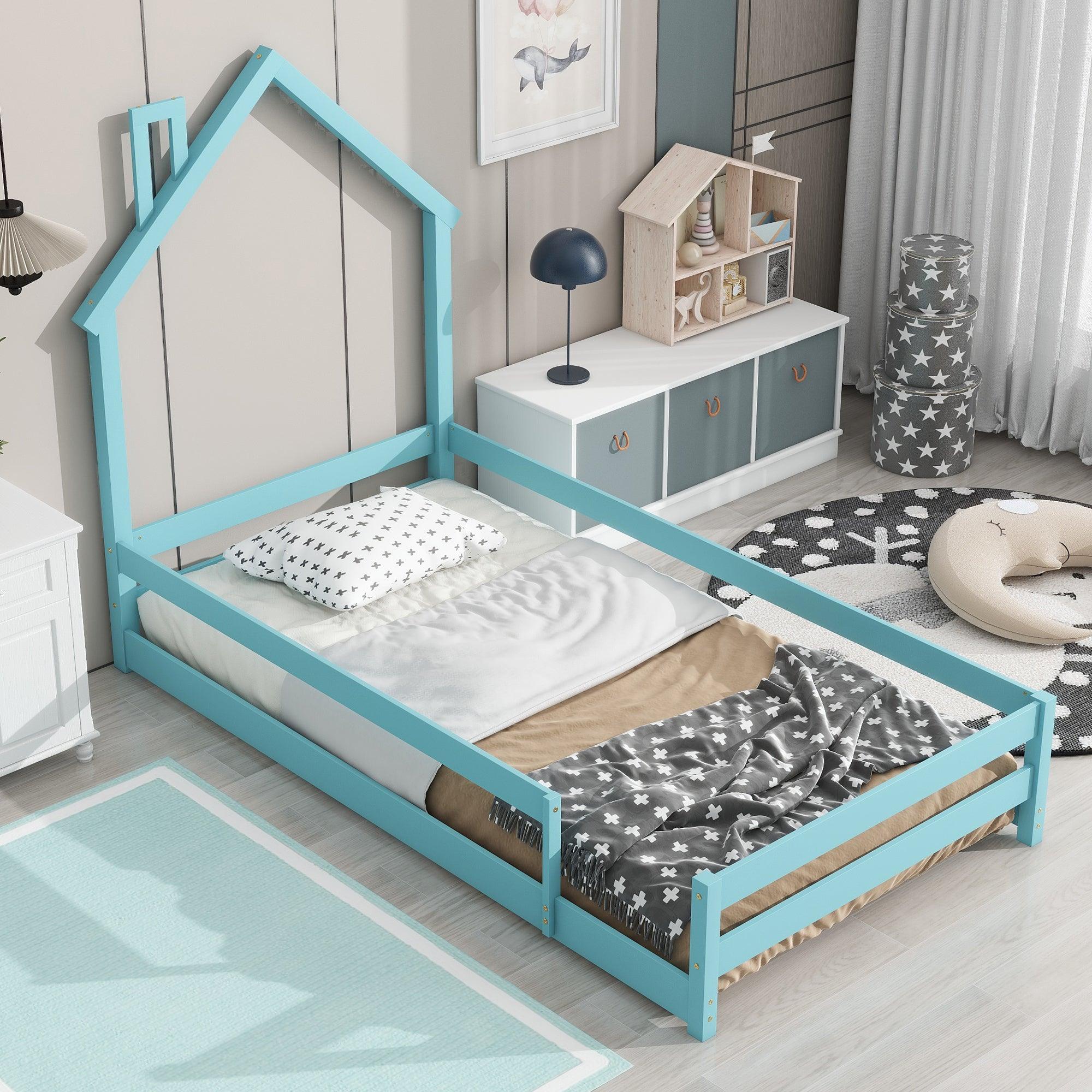 🆓🚛 Twin Size Wood Bed With House-Shaped Headboard Floor Bed With Fences, Light Blue