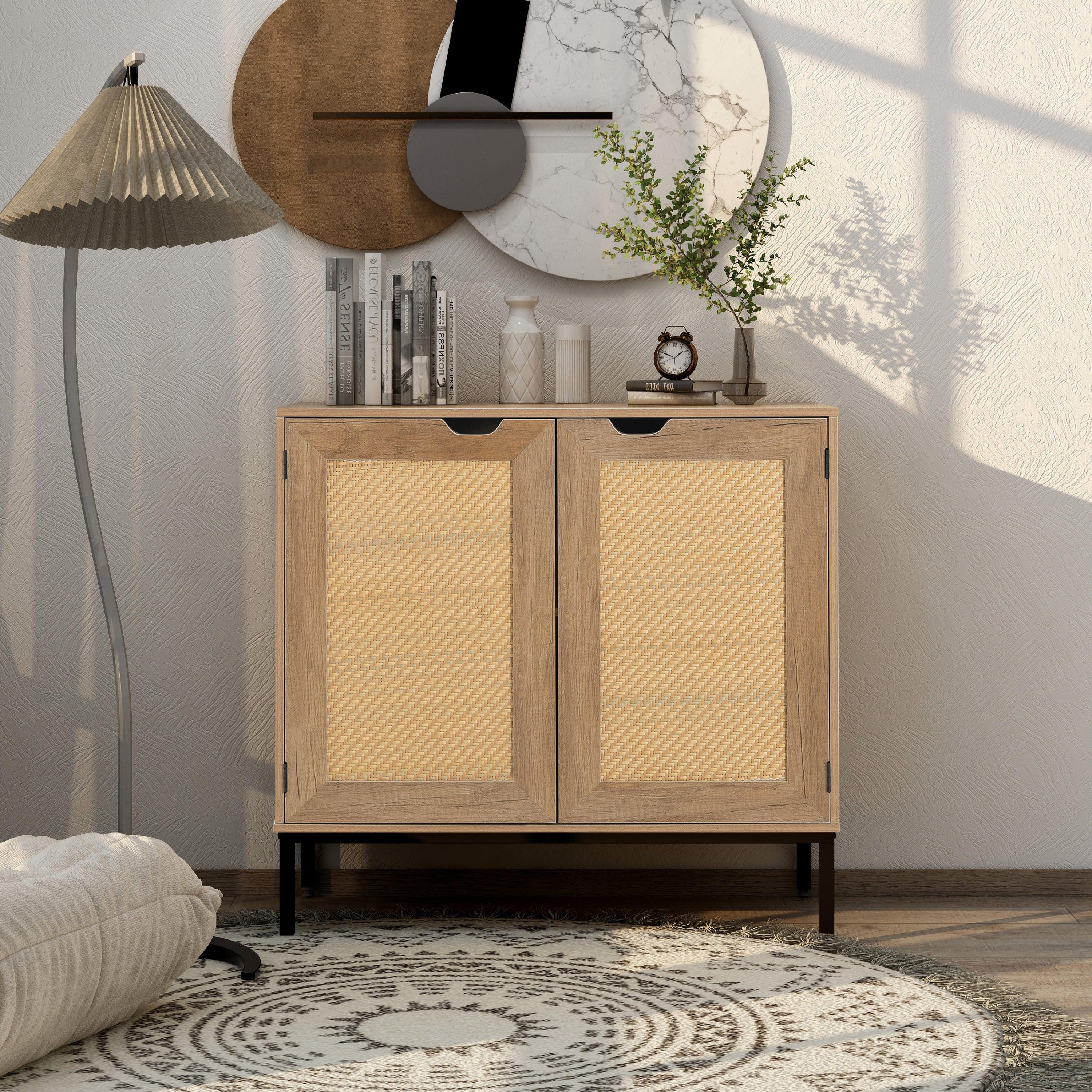 🆓🚛 Set2 Of Rustic Accent Storage Cabinet With 2 Rattan Doors, Mid Century Natural Wood Sideboard Furniture for Living Room